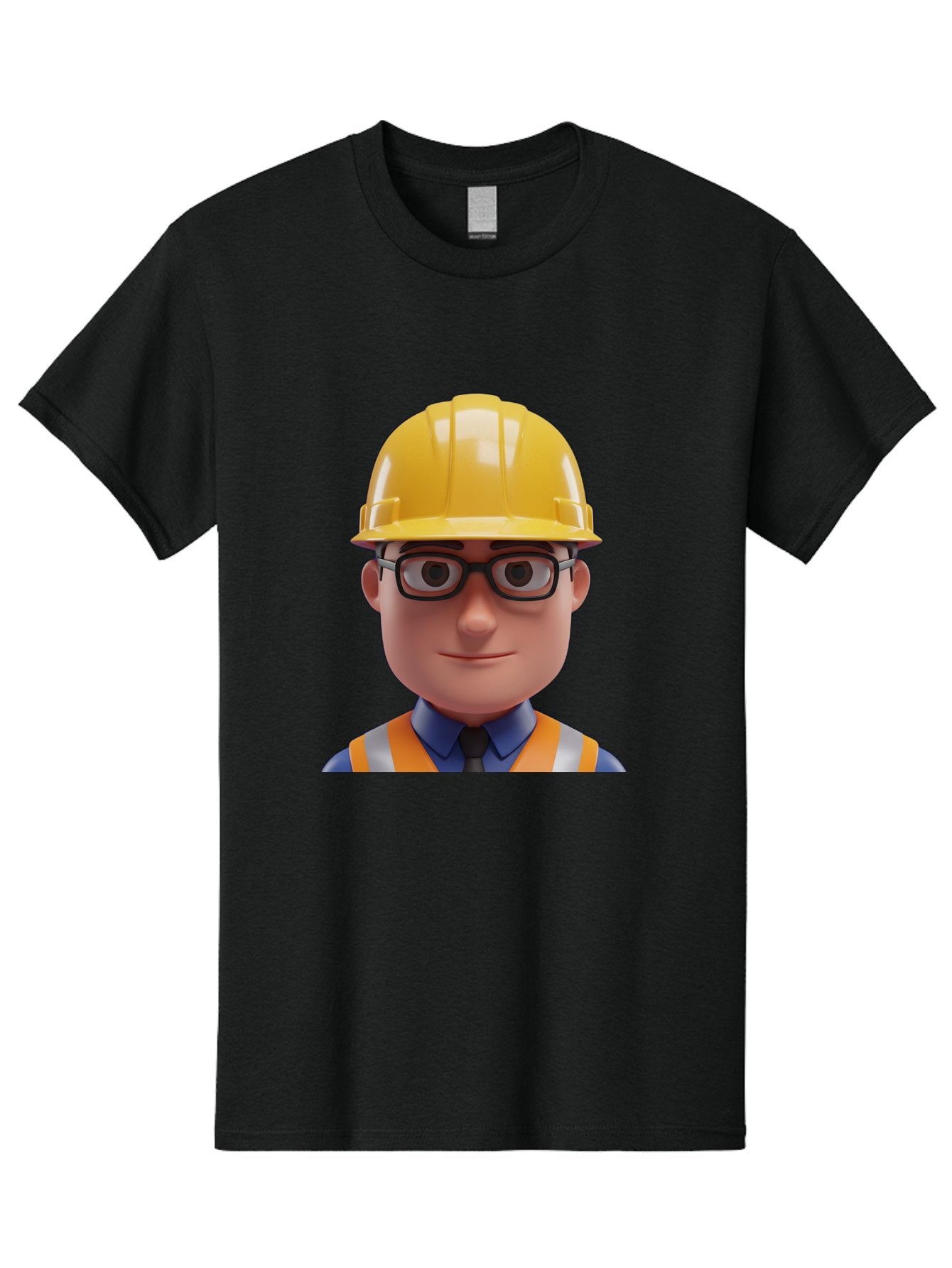 Construction-Worker-3 Men'S Graphic Tee, 100% Cotton, Comfortable Casual Summer Wear, Machine Washable, Construction Worker, Hard Hat, Safety Glasses, Reflective Vest, Blue Shirt, Black Tie, Cartoon Character, 3D Illustration, Bac894
