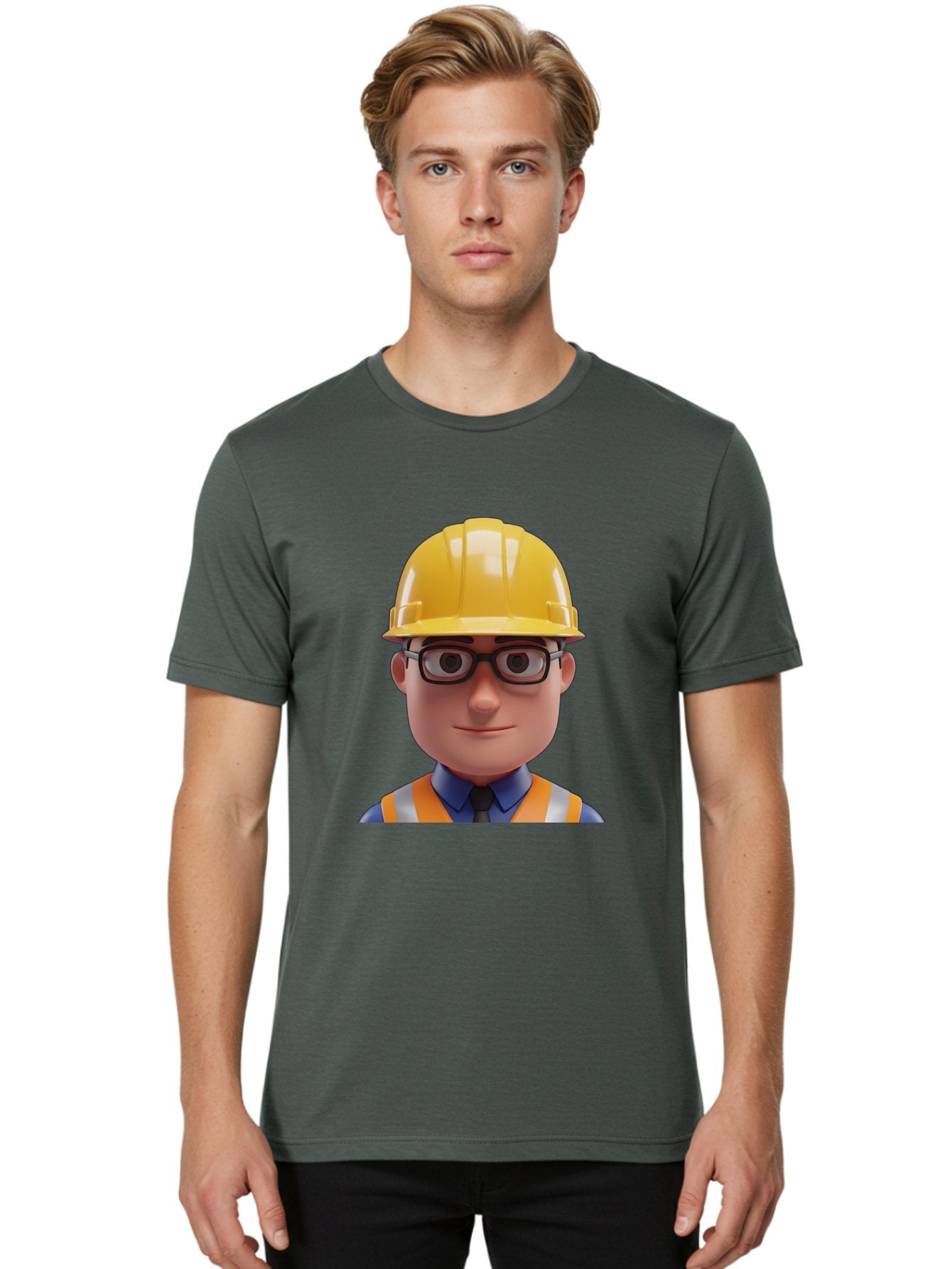 Construction-Worker-3 Men'S Graphic Tee, 100% Cotton, Comfortable Casual Summer Wear, Machine Washable, Construction Worker, Hard Hat, Safety Glasses, Reflective Vest, Blue Shirt, Black Tie, Cartoon Character, 3D Illustration, Bac894 22