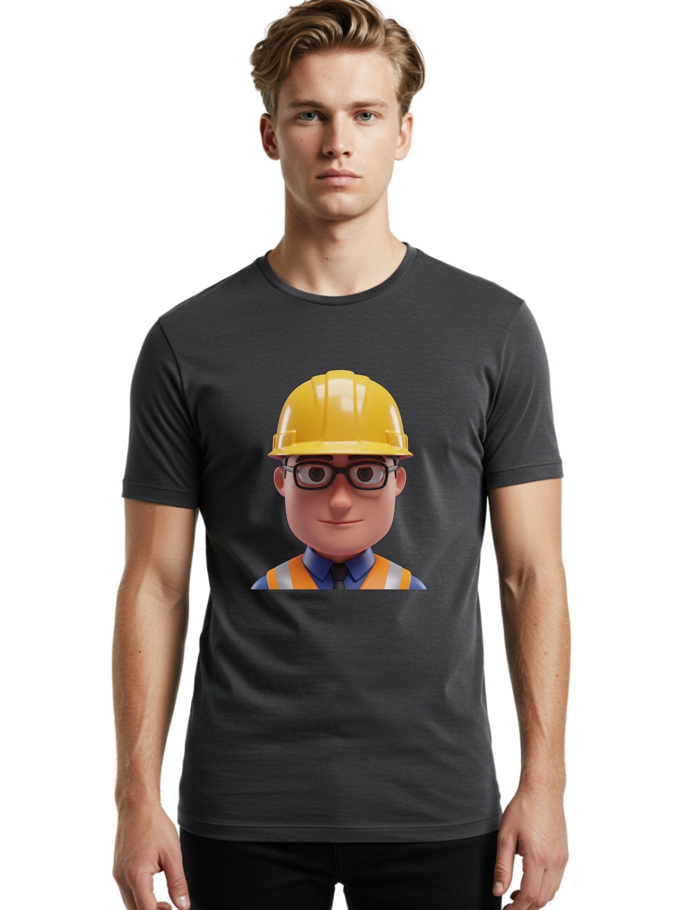 Construction-Worker-3 Men'S Graphic Tee, 100% Cotton, Comfortable Casual Summer Wear, Machine Washable, Construction Worker, Hard Hat, Safety Glasses, Reflective Vest, Blue Shirt, Black Tie, Cartoon Character, 3D Illustration, Bac894 29