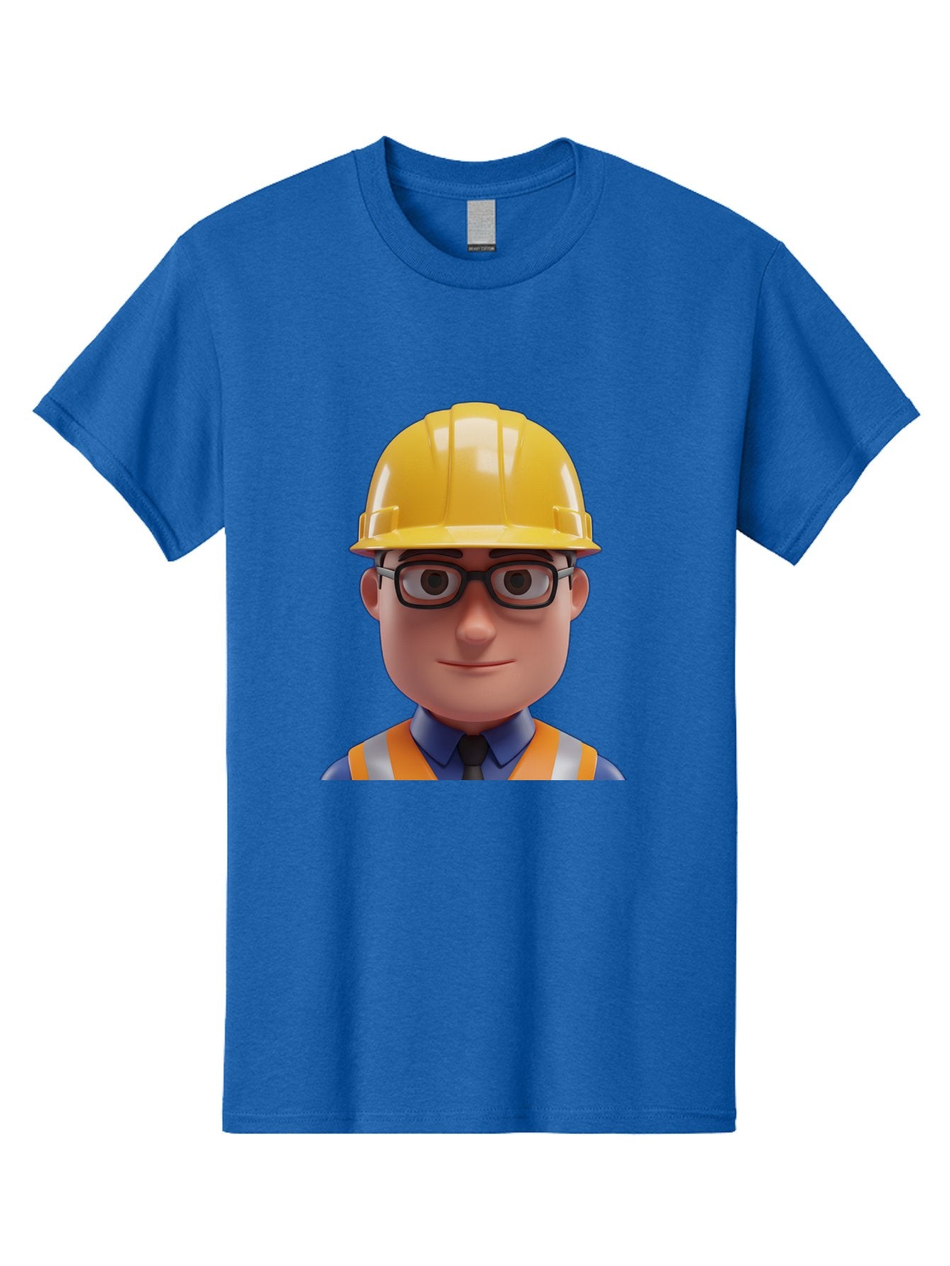 Construction-Worker-3 Men'S Graphic Tee, 100% Cotton, Comfortable Casual Summer Wear, Machine Washable, Construction Worker, Hard Hat, Safety Glasses, Reflective Vest, Blue Shirt, Black Tie, Cartoon Character, 3D Illustration, Bac894