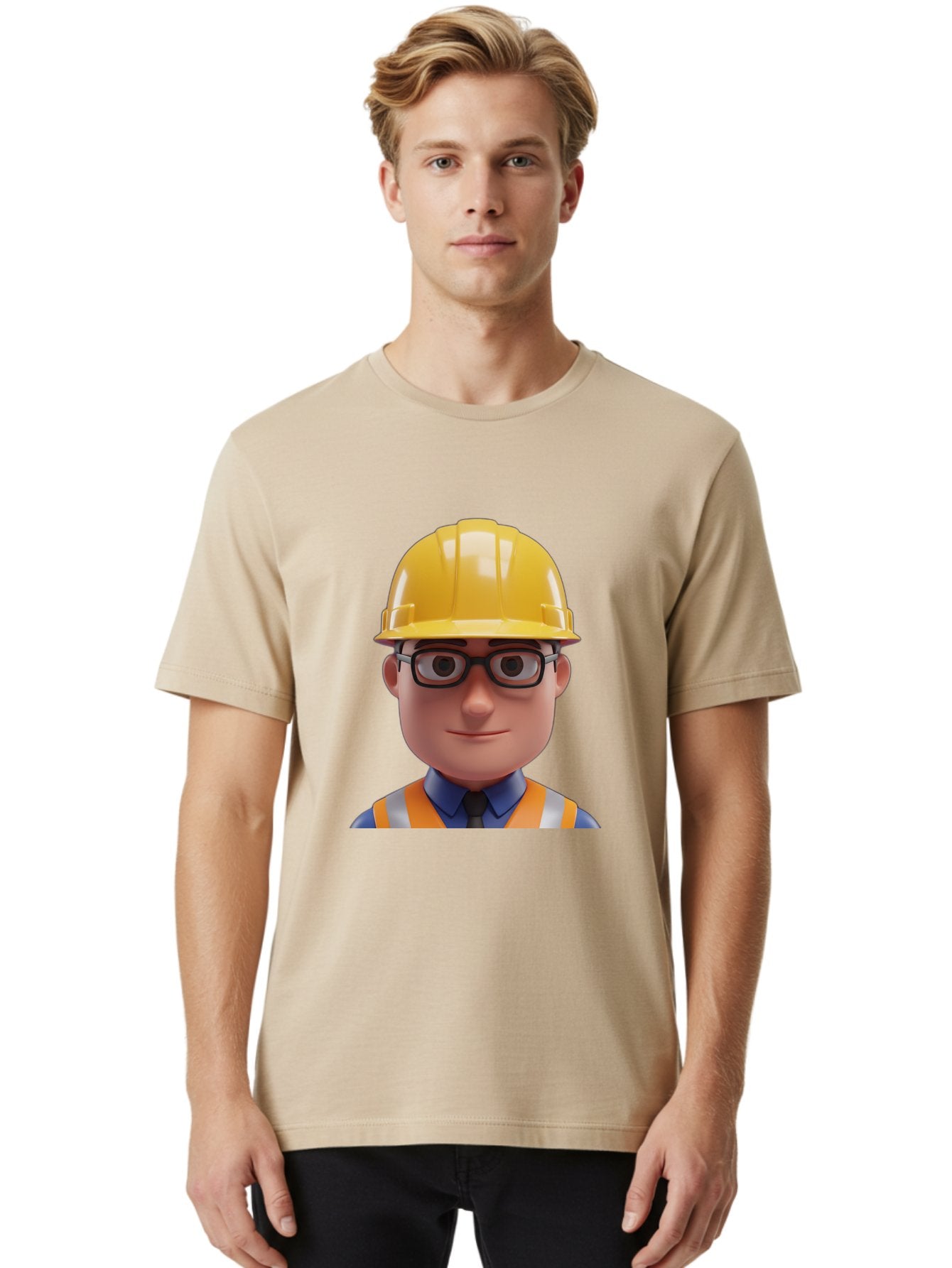 Construction-Worker-3 Men'S Graphic Tee, 100% Cotton, Comfortable Casual Summer Wear, Machine Washable, Construction Worker, Hard Hat, Safety Glasses, Reflective Vest, Blue Shirt, Black Tie, Cartoon Character, 3D Illustration, Bac894 27