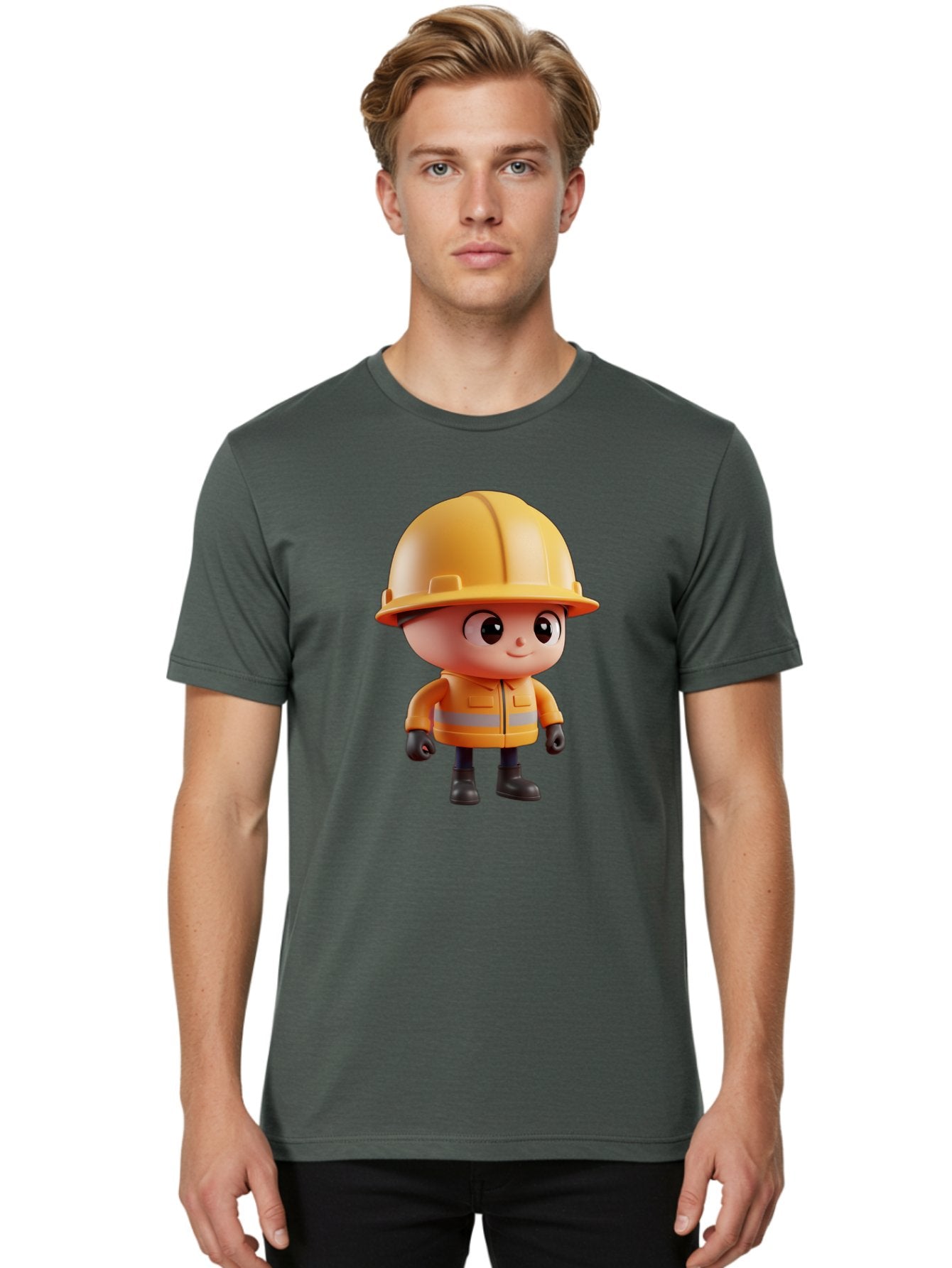Construction-Worker Men'S Graphic Tee, 100% Cotton, Comfortable Casual Summer Wear, Machine Washable, 3D Cartoon Construction Worker, Yellow Hard Hat, Reflective Safety Jacket, Black Gloves, Cartoon Character, Construction Site, Safety Gear, Bac895 17
