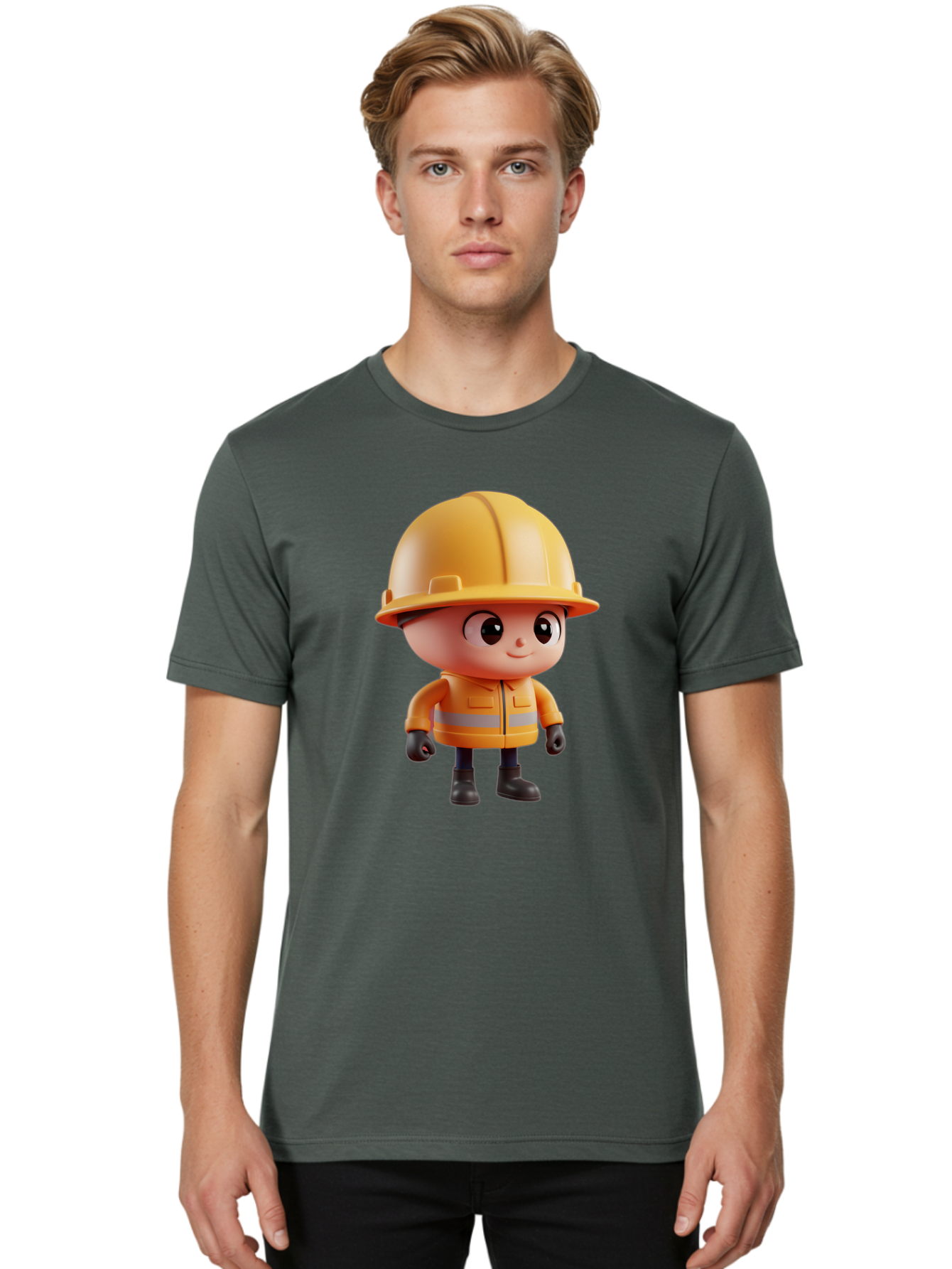 Construction-Worker Men'S Graphic Tee, 100% Cotton, Comfortable Casual Summer Wear, Machine Washable, 3D Cartoon Construction Worker, Yellow Hard Hat, Reflective Safety Jacket, Black Gloves, Cartoon Character, Construction Site, Safety Gear, Bac895 29