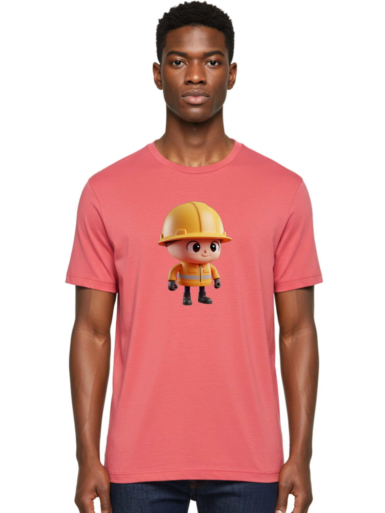 Construction-Worker Men'S Graphic Tee, 100% Cotton, Comfortable Casual Summer Wear, Machine Washable, 3D Cartoon Construction Worker, Yellow Hard Hat, Reflective Safety Jacket, Black Gloves, Cartoon Character, Construction Site, Safety Gear, Bac895 20