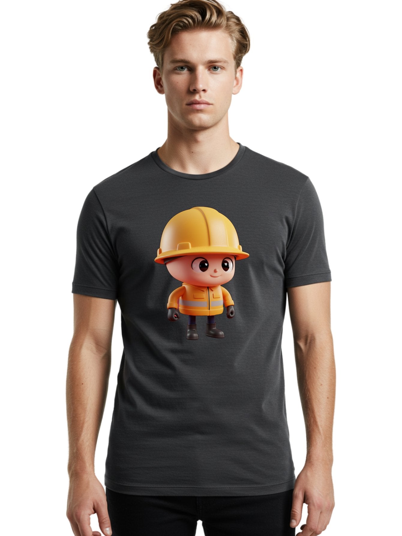 Construction-Worker Men'S Graphic Tee, 100% Cotton, Comfortable Casual Summer Wear, Machine Washable, 3D Cartoon Construction Worker, Yellow Hard Hat, Reflective Safety Jacket, Black Gloves, Cartoon Character, Construction Site, Safety Gear, Bac895 24