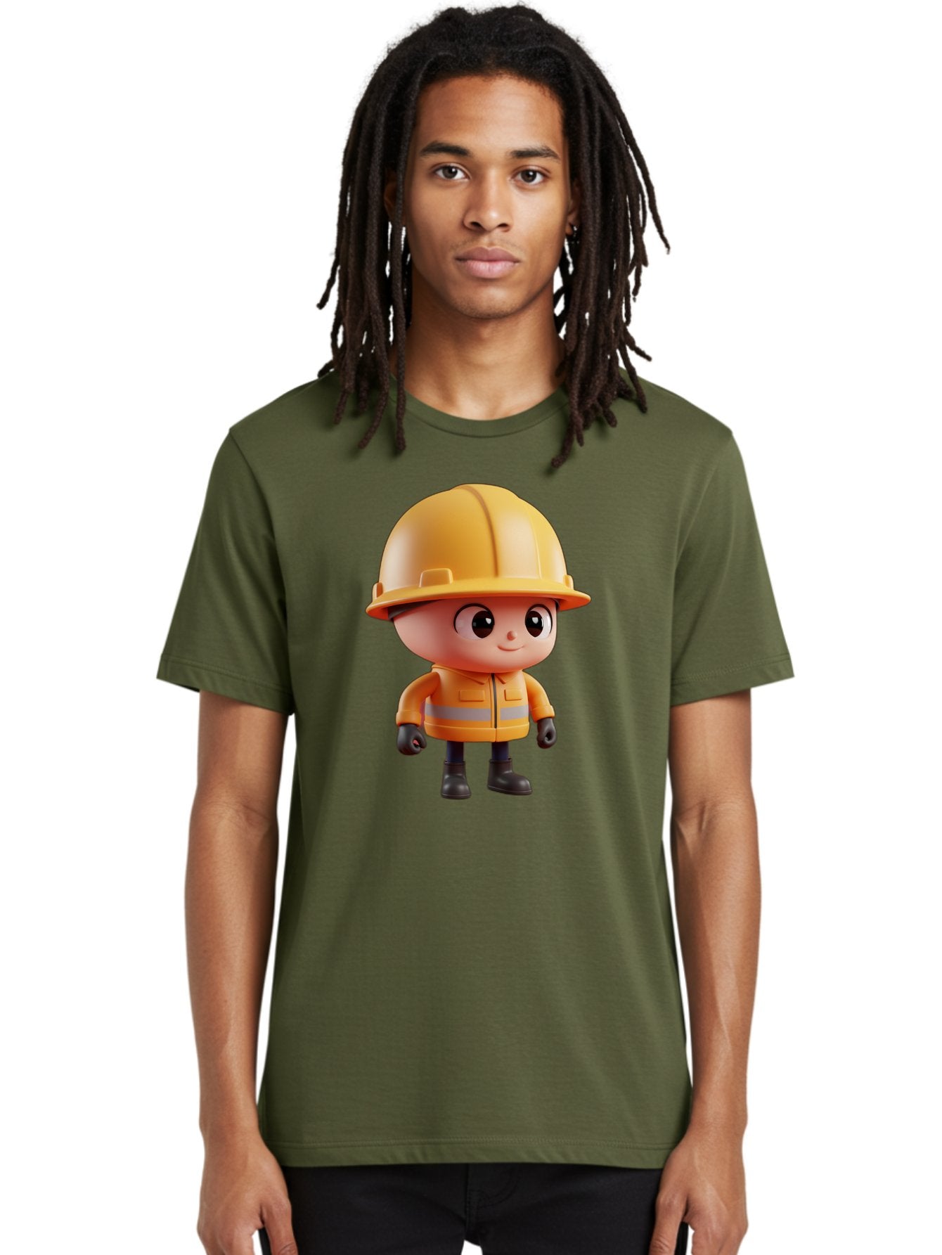 Construction-Worker Men'S Graphic Tee, 100% Cotton, Comfortable Casual Summer Wear, Machine Washable, 3D Cartoon Construction Worker, Yellow Hard Hat, Reflective Safety Jacket, Black Gloves, Cartoon Character, Construction Site, Safety Gear, Bac895 21