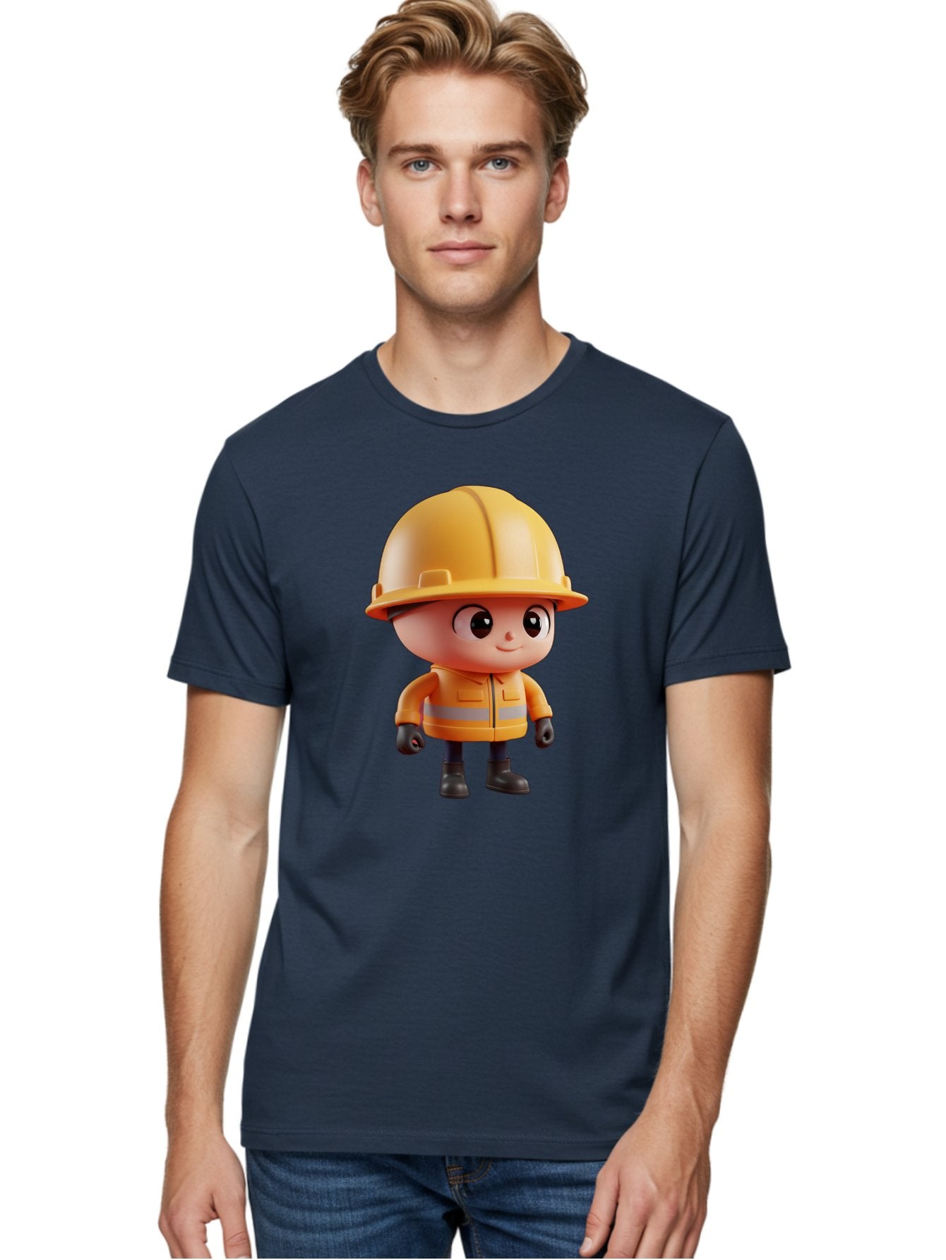 Construction-Worker Men'S Graphic Tee, 100% Cotton, Comfortable Casual Summer Wear, Machine Washable, 3D Cartoon Construction Worker, Yellow Hard Hat, Reflective Safety Jacket, Black Gloves, Cartoon Character, Construction Site, Safety Gear, Bac895 20