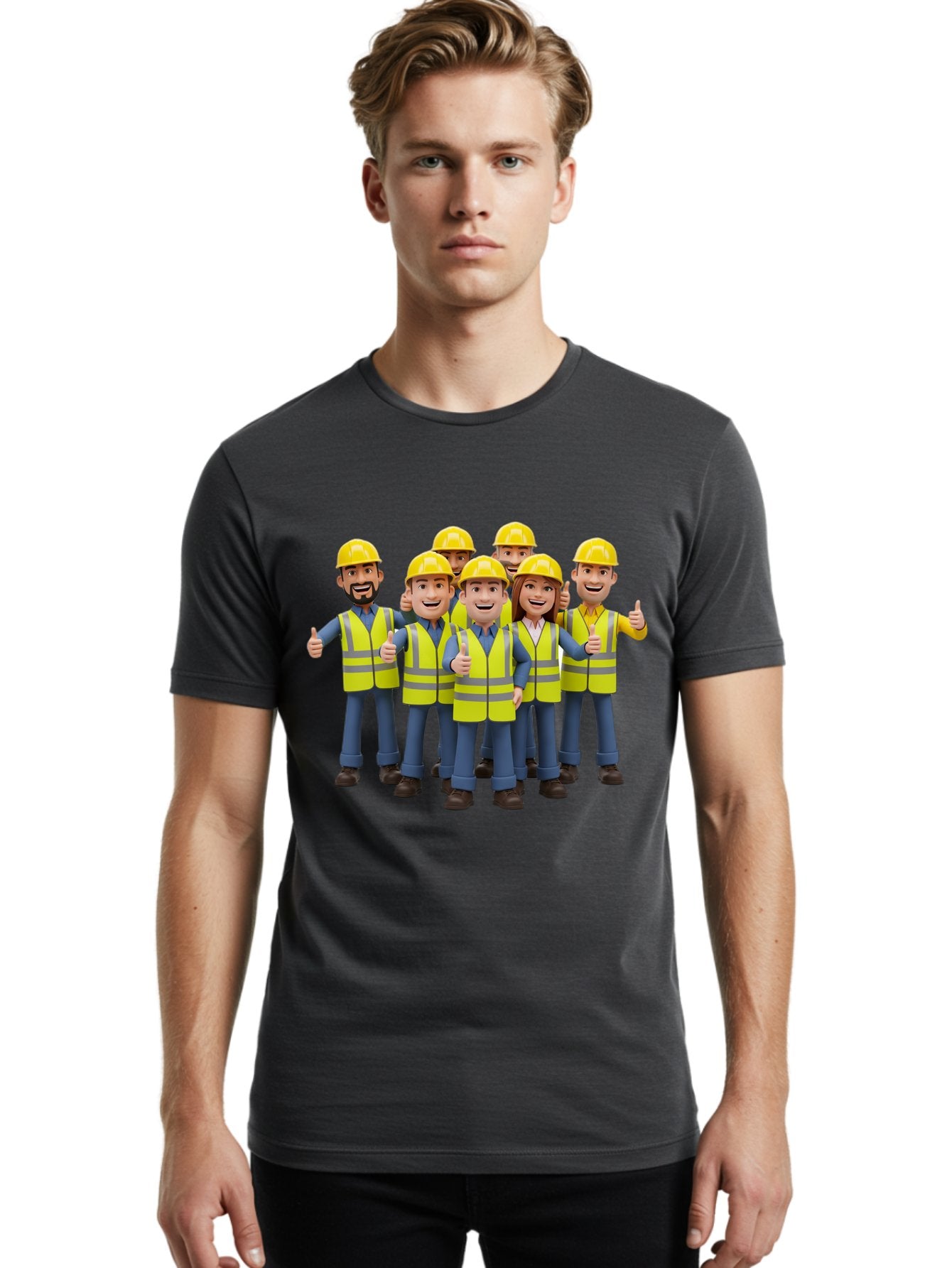 Construction-Workers Men'S Graphic Tee, 100% Cotton, Comfortable Casual Summer Wear, Machine Washable, Construction Workers, Team Collaboration, Safety Gear, Yellow Hard Hats, Reflective Vests, Thumbs Up, Unity, Workplace Harmony, Bac896 17