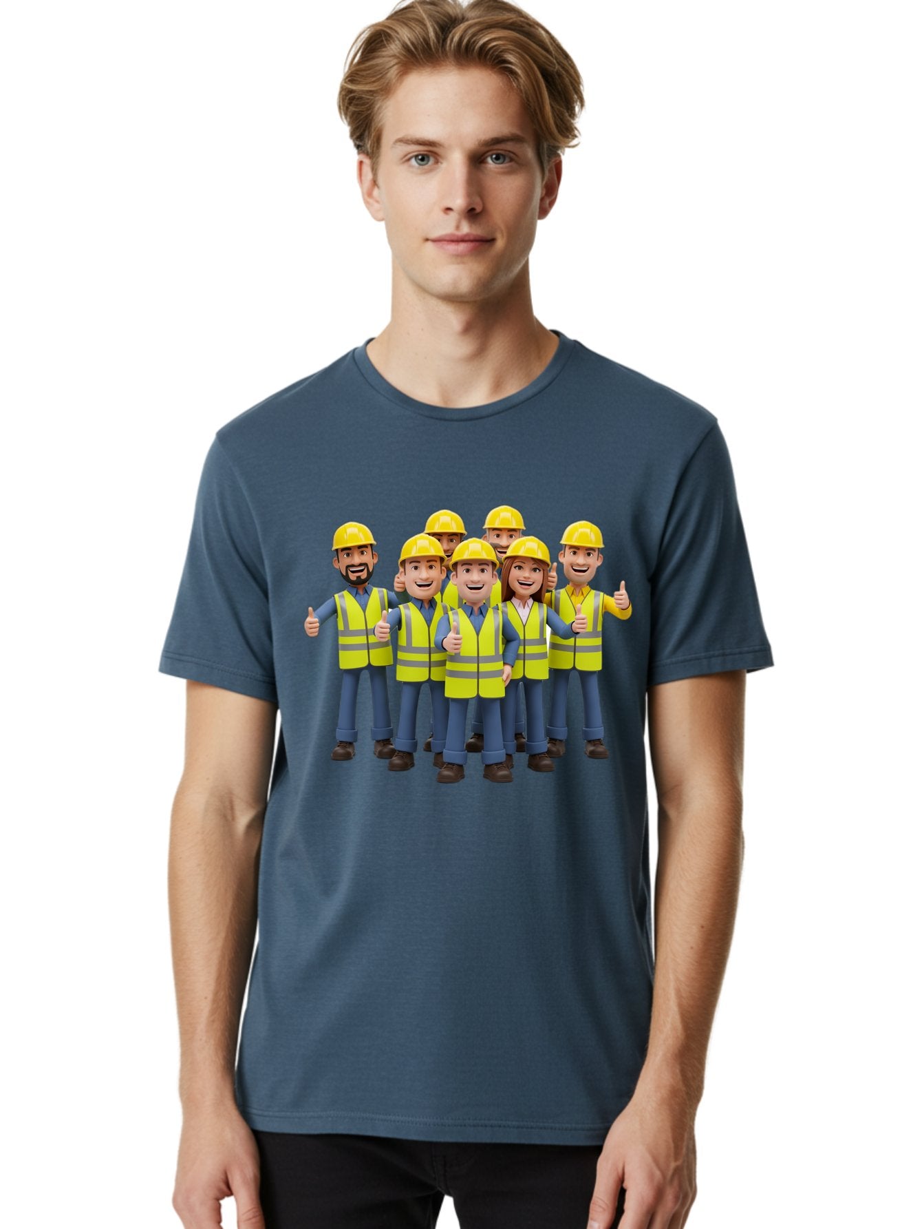 Construction-Workers Men'S Graphic Tee, 100% Cotton, Comfortable Casual Summer Wear, Machine Washable, Construction Workers, Team Collaboration, Safety Gear, Yellow Hard Hats, Reflective Vests, Thumbs Up, Unity, Workplace Harmony, Bac896 24