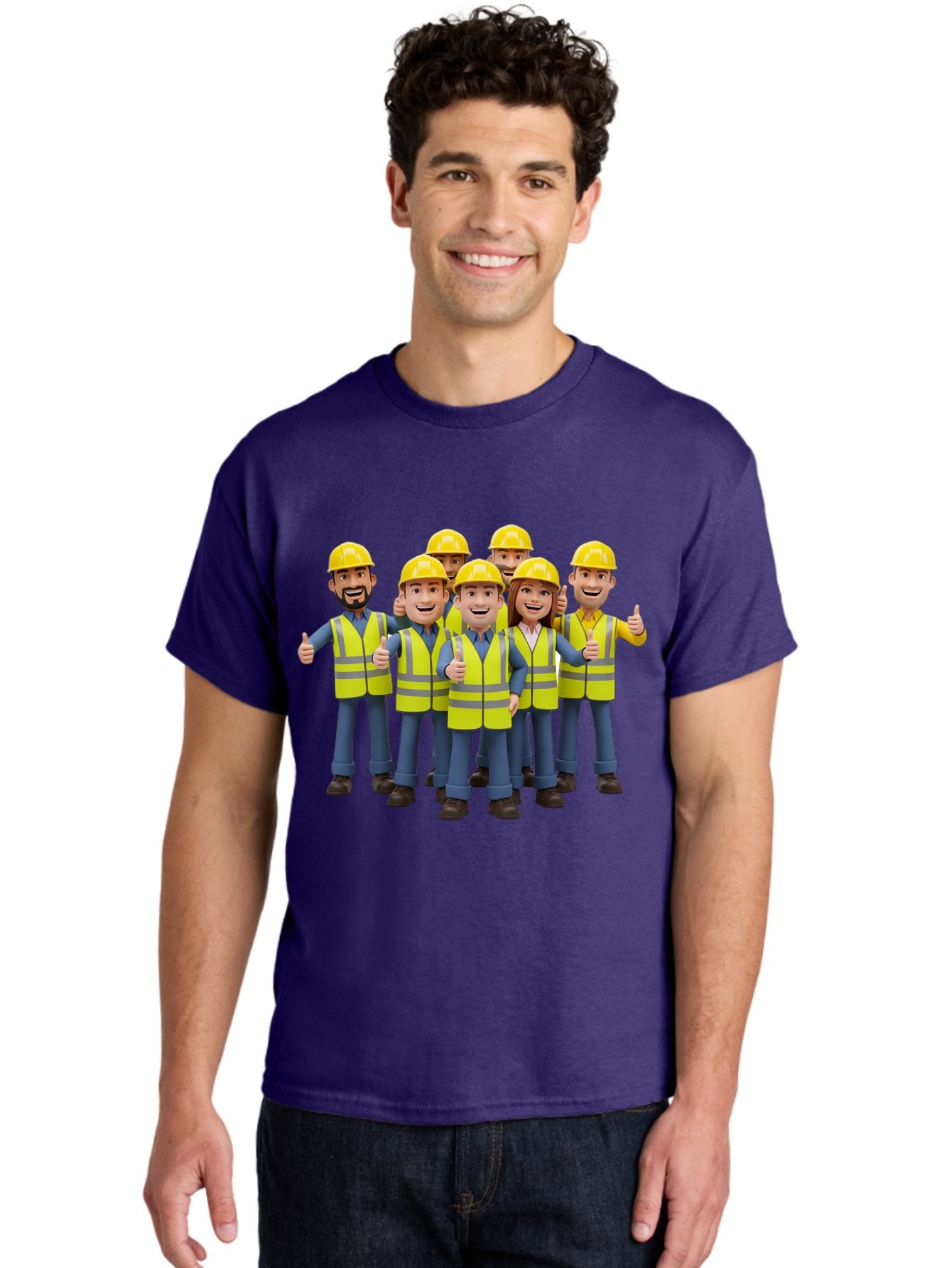 Construction-Workers Men'S Graphic Tee, 100% Cotton, Comfortable Casual Summer Wear, Machine Washable, Construction Workers, Team Collaboration, Safety Gear, Yellow Hard Hats, Reflective Vests, Thumbs Up, Unity, Workplace Harmony, Bac896 16