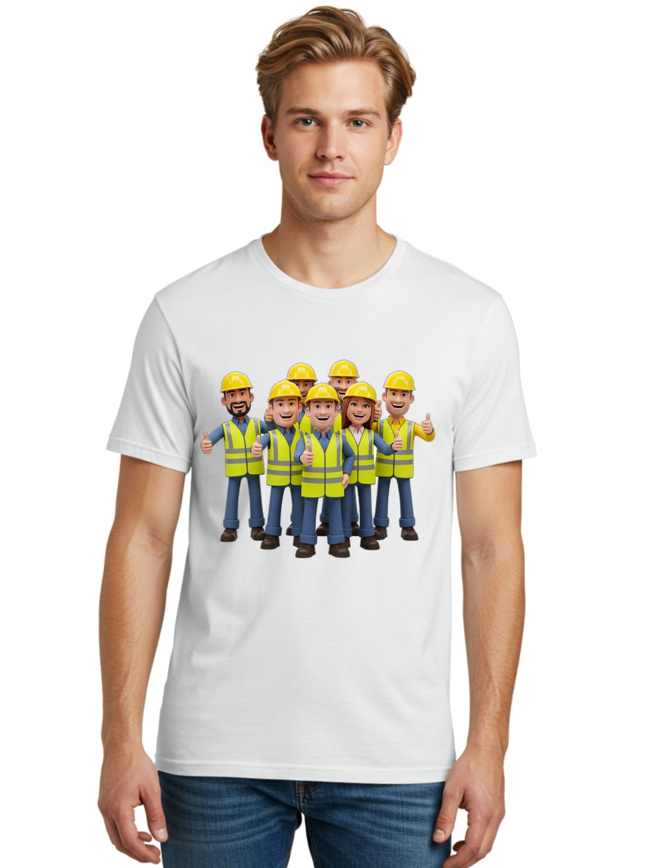 Construction-Workers Men'S Graphic Tee, 100% Cotton, Comfortable Casual Summer Wear, Machine Washable, Construction Workers, Team Collaboration, Safety Gear, Yellow Hard Hats, Reflective Vests, Thumbs Up, Unity, Workplace Harmony, Bac896 23