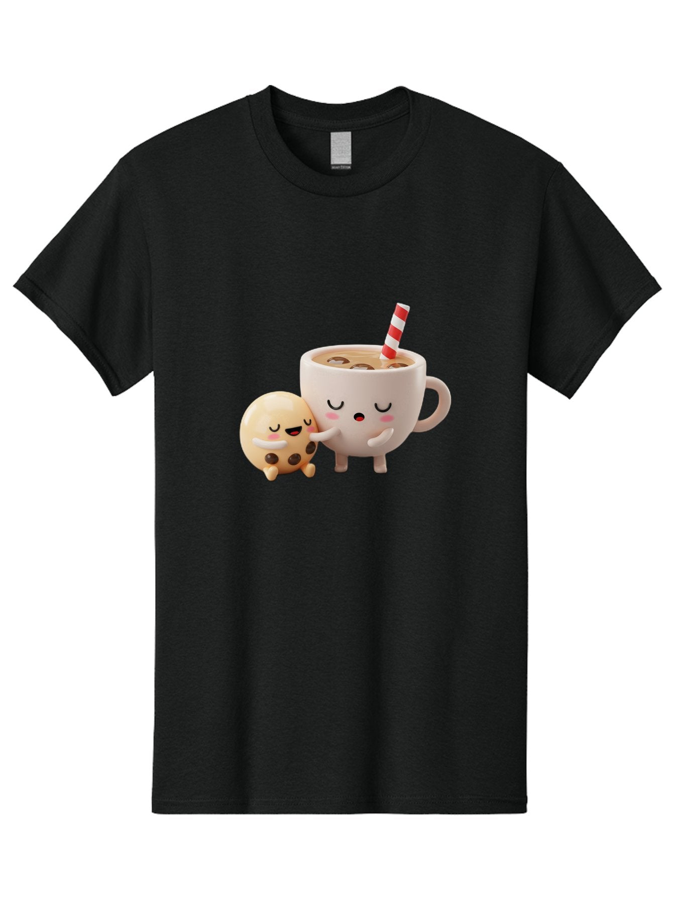 Cookie-And-Coffee-Cup Men'S Graphic Tee, 100% Cotton, Comfortable Casual Summer Wear, Machine Washable, Cute Cartoon Characters, Chip Cookie, Milkshake With Straw, Chocolate Chips, Adorable, Kawaii, Cartoon, Funny, Characters Hugging, Happy, Bac897