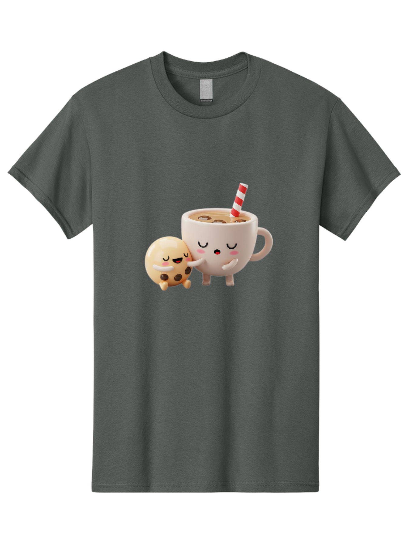 Cookie-And-Coffee-Cup Men'S Graphic Tee, 100% Cotton, Comfortable Casual Summer Wear, Machine Washable, Cute Cartoon Characters, Chip Cookie, Milkshake With Straw, Chocolate Chips, Adorable, Kawaii, Cartoon, Funny, Characters Hugging, Happy, Bac897