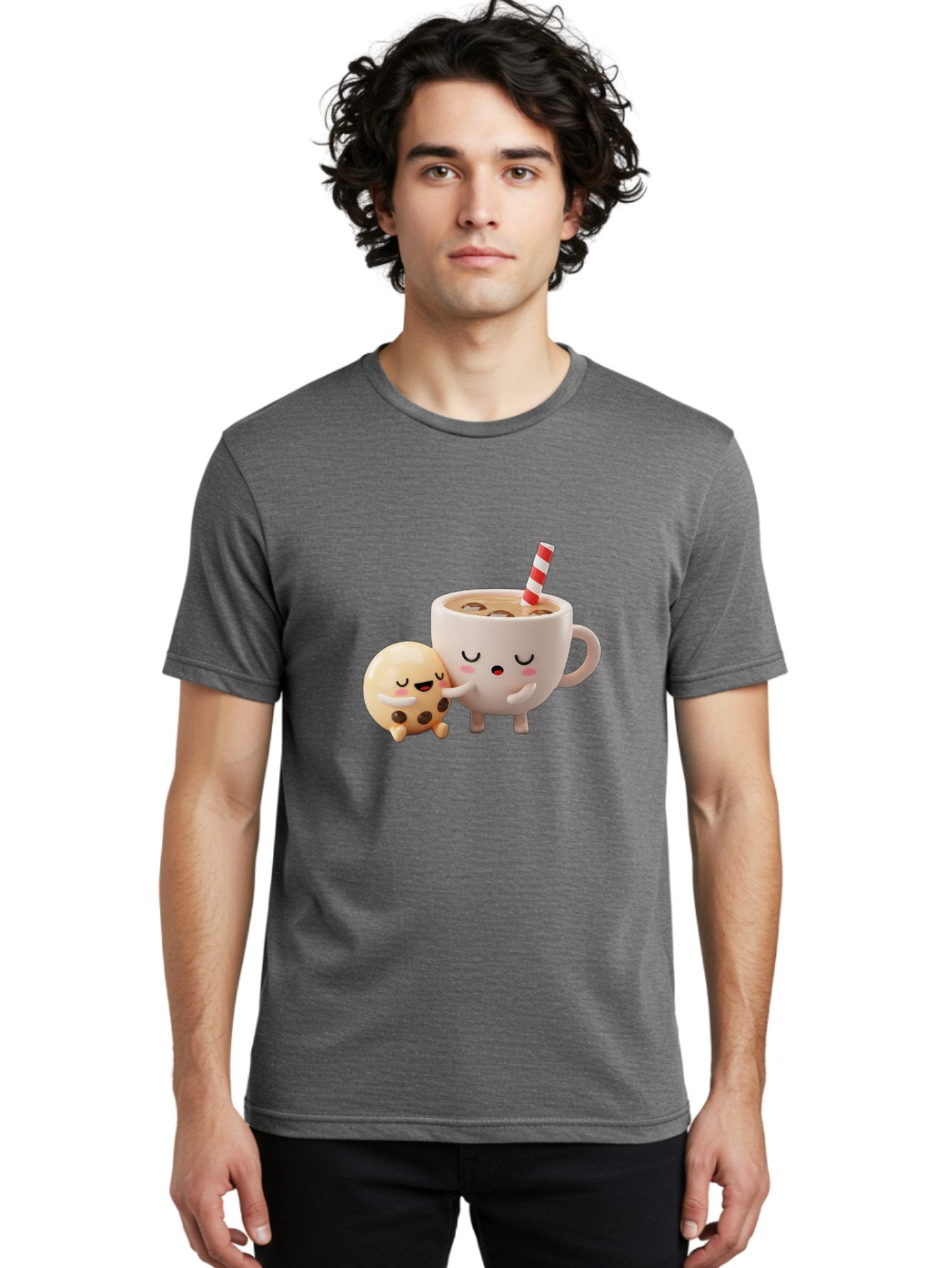 Cookie-And-Coffee-Cup Men'S Graphic Tee, 100% Cotton, Comfortable Casual Summer Wear, Machine Washable, Cute Cartoon Characters, Chip Cookie, Milkshake With Straw, Chocolate Chips, Adorable, Kawaii, Cartoon, Funny, Characters Hugging, Happy, Bac897 25