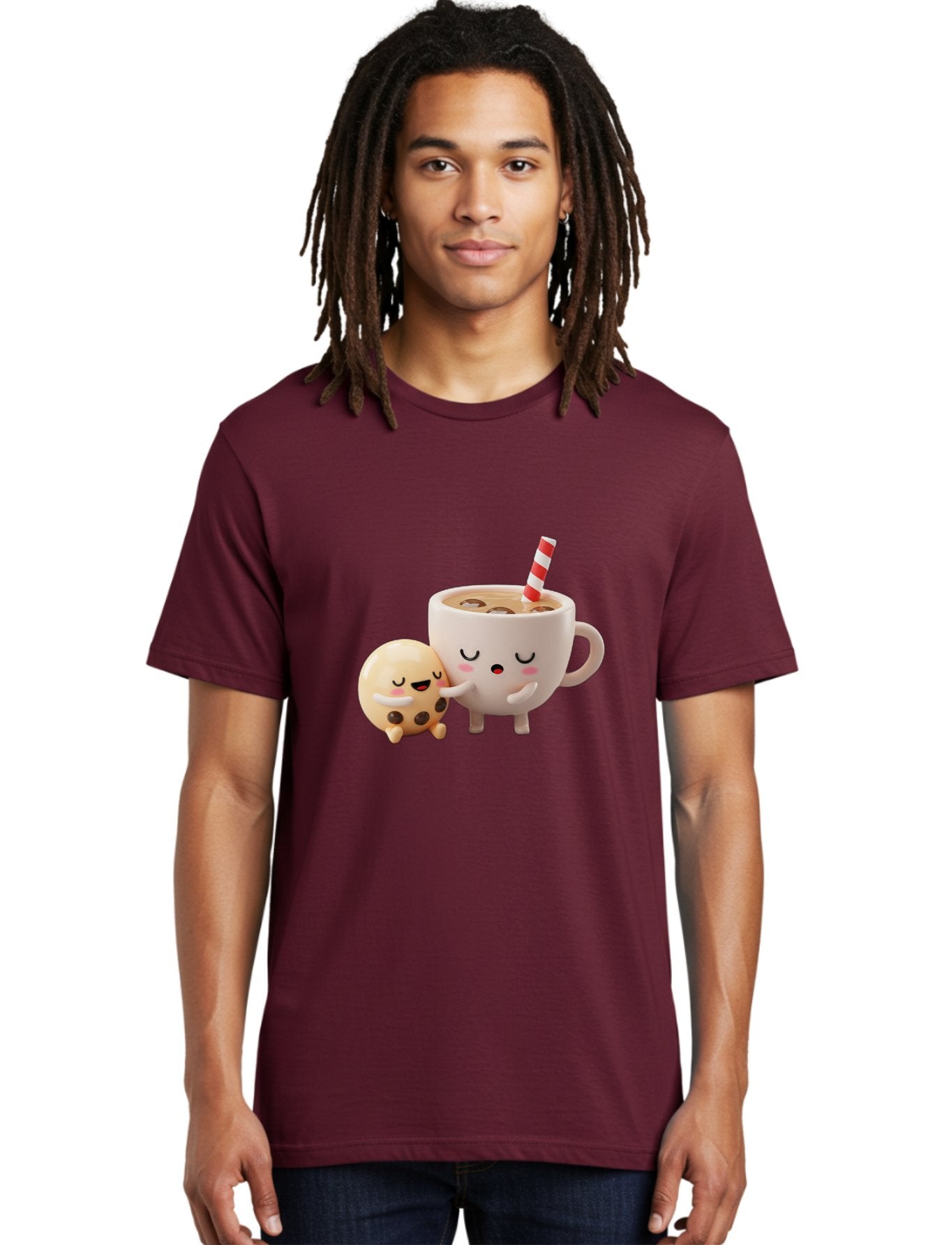 Cookie-And-Coffee-Cup Men'S Graphic Tee, 100% Cotton, Comfortable Casual Summer Wear, Machine Washable, Cute Cartoon Characters, Chip Cookie, Milkshake With Straw, Chocolate Chips, Adorable, Kawaii, Cartoon, Funny, Characters Hugging, Happy, Bac897 28