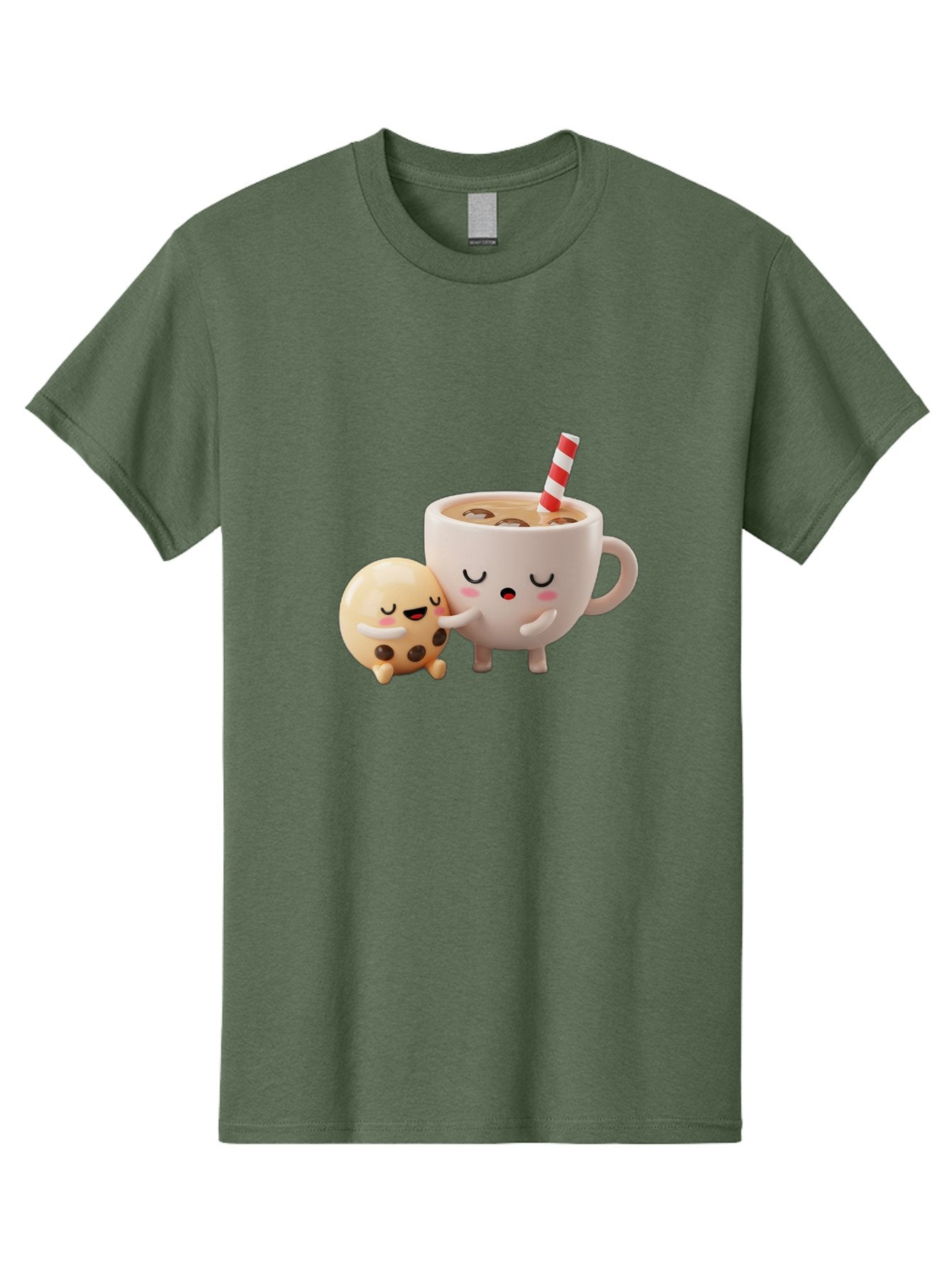Cookie-And-Coffee-Cup Men'S Graphic Tee, 100% Cotton, Comfortable Casual Summer Wear, Machine Washable, Cute Cartoon Characters, Chip Cookie, Milkshake With Straw, Chocolate Chips, Adorable, Kawaii, Cartoon, Funny, Characters Hugging, Happy, Bac897 7