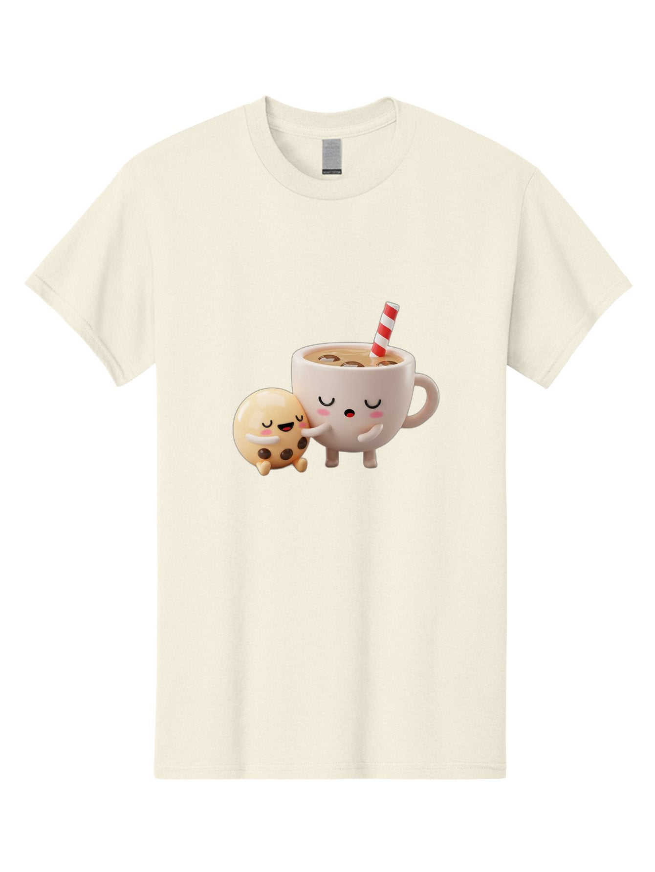 Cookie-And-Coffee-Cup Men'S Graphic Tee, 100% Cotton, Comfortable Casual Summer Wear, Machine Washable, Cute Cartoon Characters, Chip Cookie, Milkshake With Straw, Chocolate Chips, Adorable, Kawaii, Cartoon, Funny, Characters Hugging, Happy, Bac897 5
