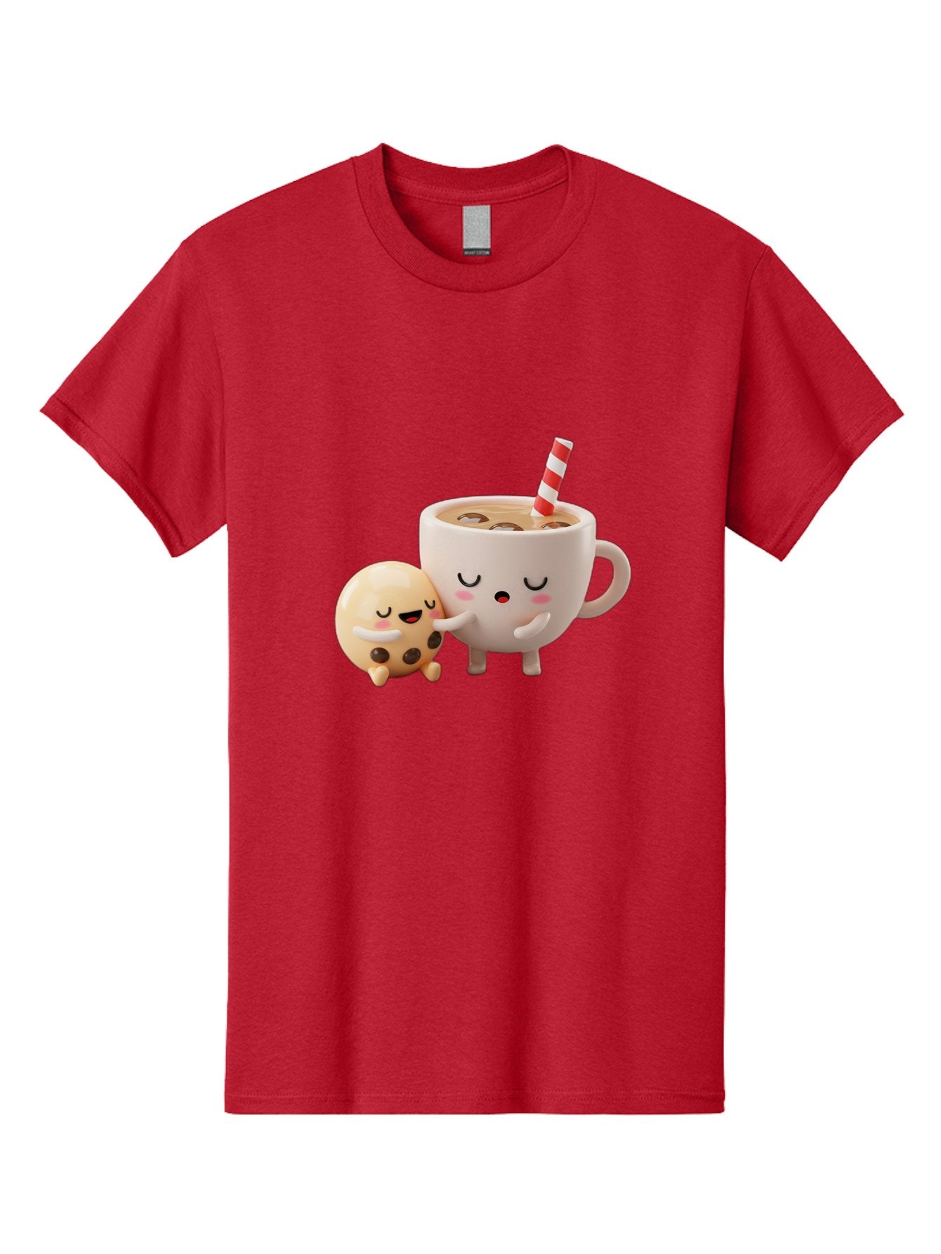 Cookie-And-Coffee-Cup Men'S Graphic Tee, 100% Cotton, Comfortable Casual Summer Wear, Machine Washable, Cute Cartoon Characters, Chip Cookie, Milkshake With Straw, Chocolate Chips, Adorable, Kawaii, Cartoon, Funny, Characters Hugging, Happy, Bac897