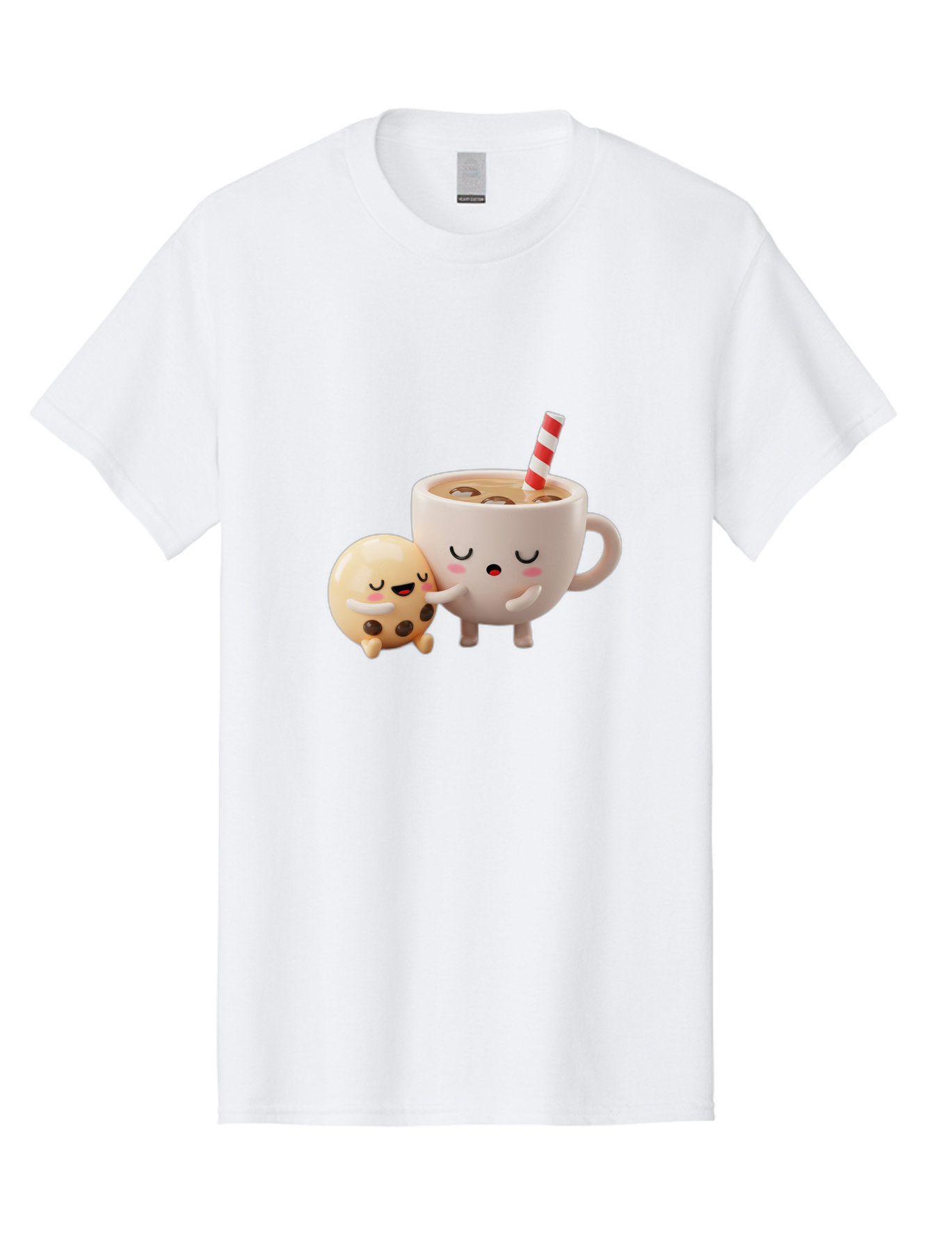 Cookie-And-Coffee-Cup Men'S Graphic Tee, 100% Cotton, Comfortable Casual Summer Wear, Machine Washable, Cute Cartoon Characters, Chip Cookie, Milkshake With Straw, Chocolate Chips, Adorable, Kawaii, Cartoon, Funny, Characters Hugging, Happy, Bac897