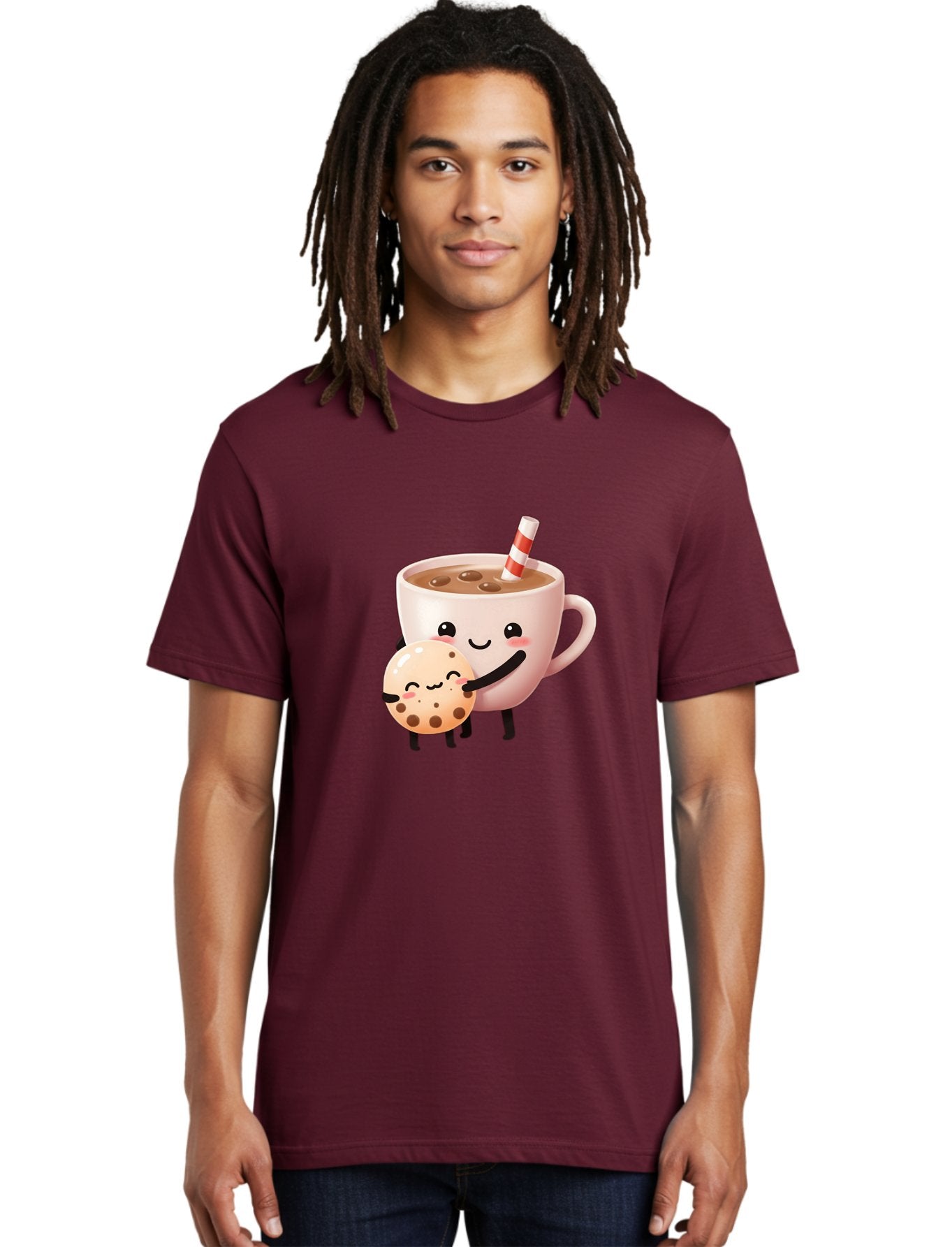 Cookie-And-Milk Men'S Graphic Tee, 100% Cotton, Comfortable Casual Summer Wear, Machine Washable, Cartoon Cup Of Milk, Chocolate Chip Cookie, Smiling Faces, Happy Snack, Sweet Treats, Dessert Time, Kid Friendly, Funny Characters Bac898 24