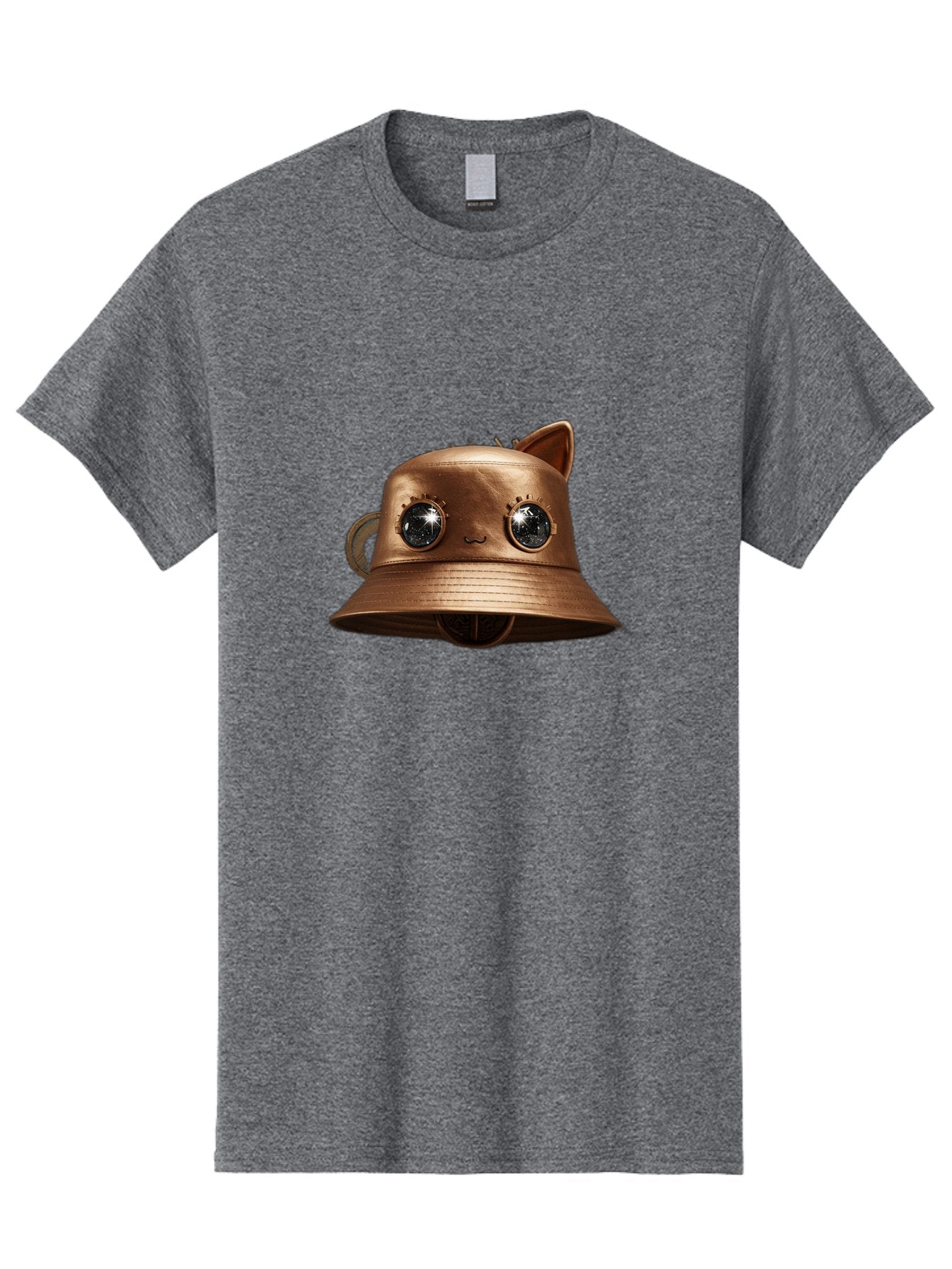 Copper-Hat Men'S Graphic Tee, 100% Cotton, Comfortable Casual Summer Wear, Machine Washable, Steampunk Cat, Bronze Helmet, Mechanical Eyes, Cat Ears, Metallic Sheen, Sci-Fi, Fantasy, Copper Finish, Whimsical Design, Industrial Chic, Bac900