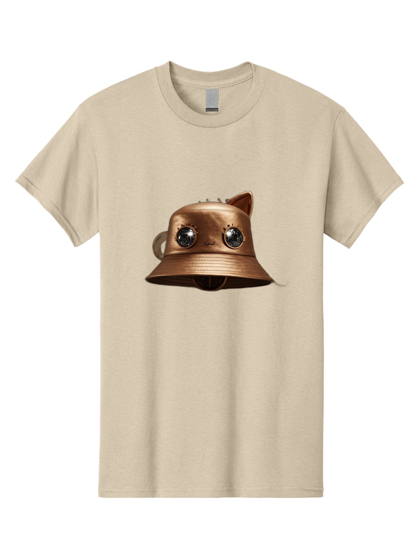 Copper-Hat Men'S Graphic Tee, 100% Cotton, Comfortable Casual Summer Wear, Machine Washable, Steampunk Cat, Bronze Helmet, Mechanical Eyes, Cat Ears, Metallic Sheen, Sci-Fi, Fantasy, Copper Finish, Whimsical Design, Industrial Chic, Bac900 15