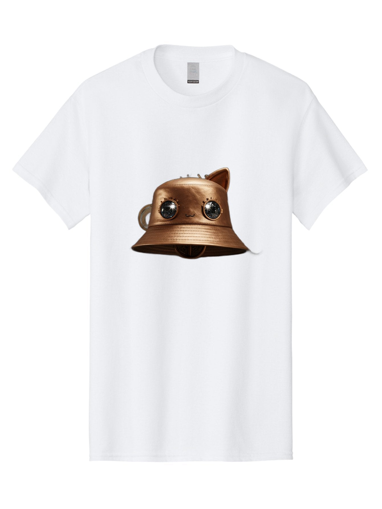 Copper-Hat Men'S Graphic Tee, 100% Cotton, Comfortable Casual Summer Wear, Machine Washable, Steampunk Cat, Bronze Helmet, Mechanical Eyes, Cat Ears, Metallic Sheen, Sci-Fi, Fantasy, Copper Finish, Whimsical Design, Industrial Chic, Bac900 12