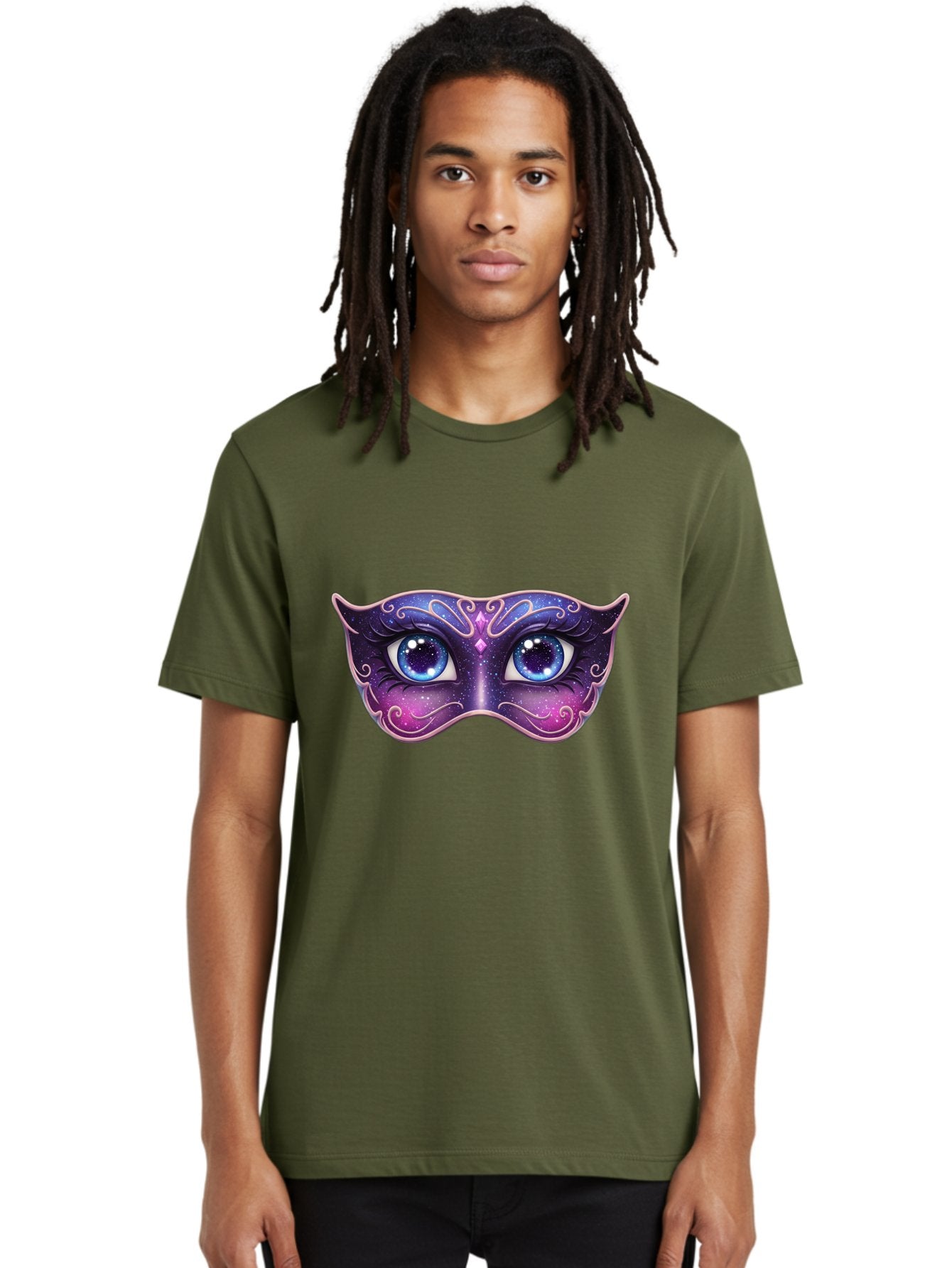 Cosmic-Mask Men'S Graphic Tee, 100% Cotton, Comfortable Casual Summer Wear, Machine Washable, Purple Galaxy Mask, Blue Eyes, Cosmic Design, Mystical Mask, Purple And Blue Swirls, Starry Night Sky, Feminine Eye Mask, Masquerade Mask, Bac901 28