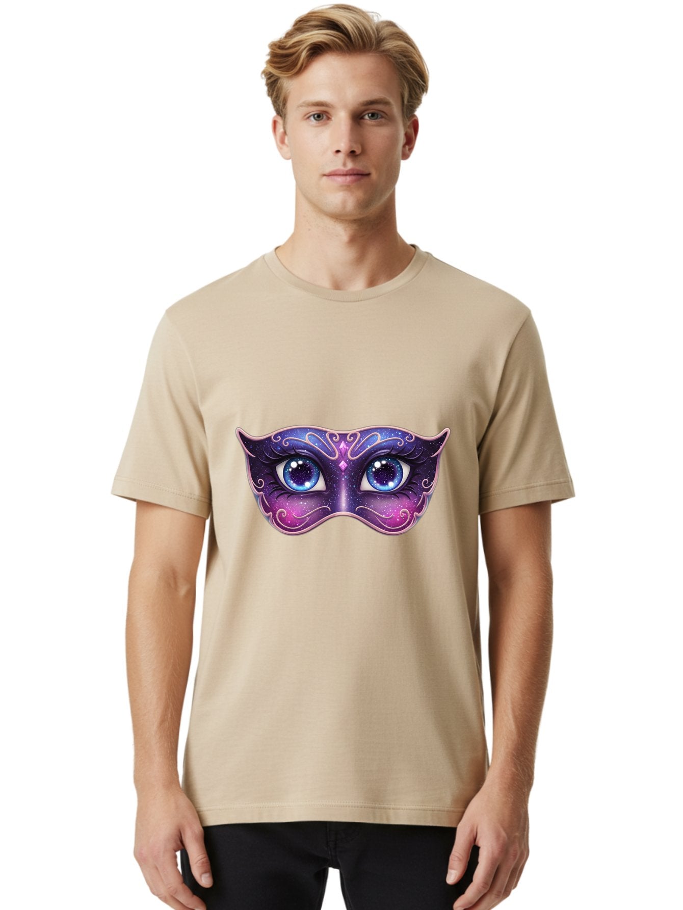 Cosmic-Mask Men'S Graphic Tee, 100% Cotton, Comfortable Casual Summer Wear, Machine Washable, Purple Galaxy Mask, Blue Eyes, Cosmic Design, Mystical Mask, Purple And Blue Swirls, Starry Night Sky, Feminine Eye Mask, Masquerade Mask, Bac901 25