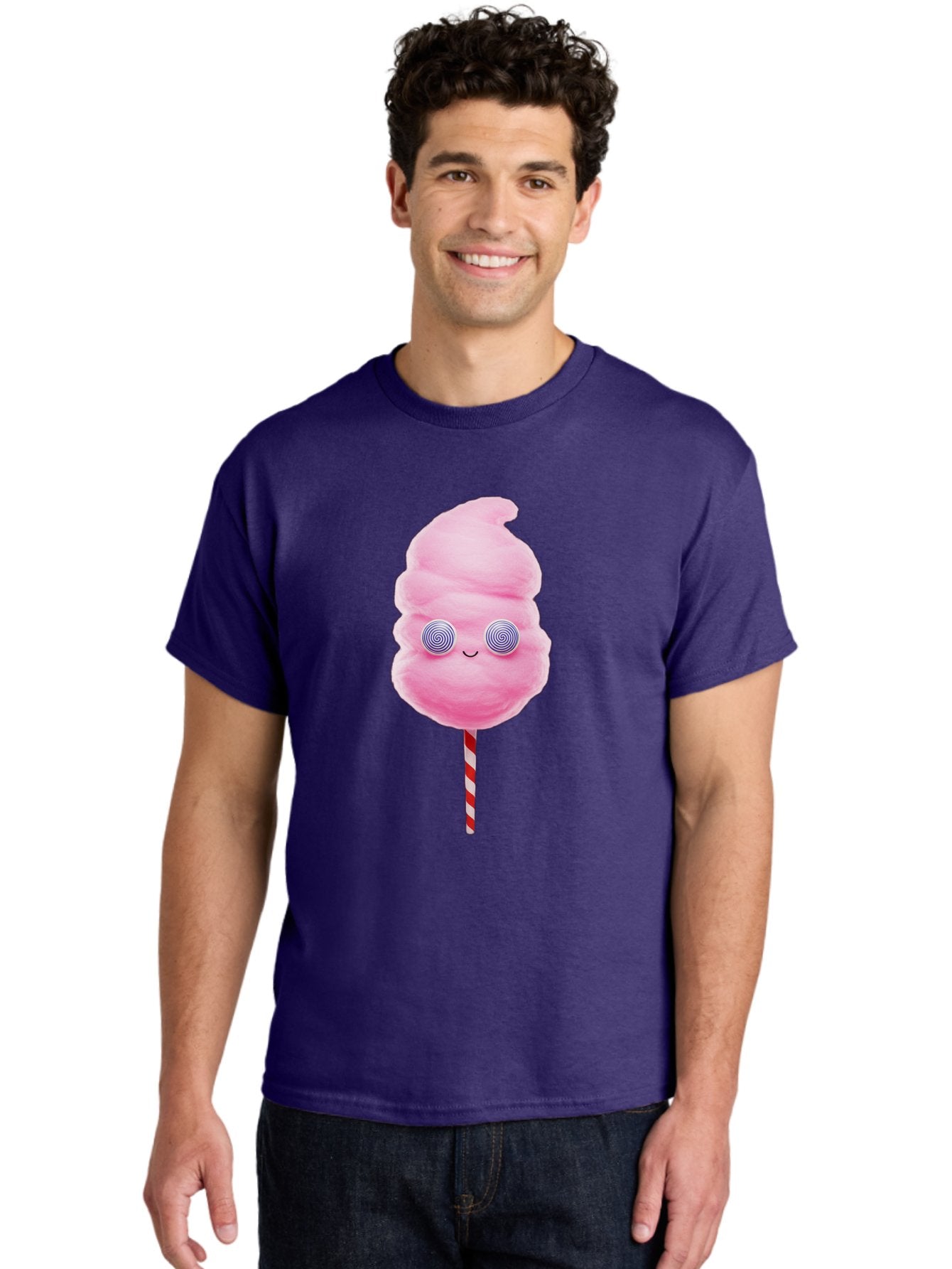 Cotton-Candy-12 Men'S Graphic Tee, 100% Cotton, Comfortable Casual Summer Wear, Machine Washable, Pink Cotton Candy, Happy Face, Spiral Eyes, Sweet Treat, Cartoon Style, Whimsical Illustration, Playful Design, Festive Atmosphere, Fun Food, Bac905 17