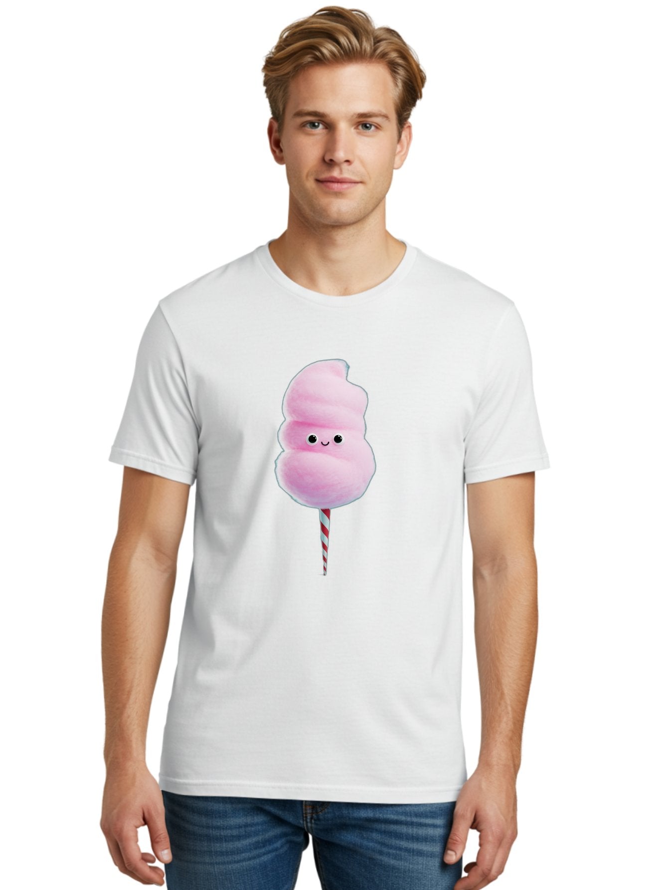Cotton-Candy-15 Men'S Graphic Tee, 100% Cotton, Comfortable Casual Summer Wear, Machine Washable, Cotton Candy, Sweet Treat, Pastel Pink Color, Smiley Face, Red And White Striped Stick, Fluffy Texture, Cute, Candy, Cartoon Character, Fun, Bac908 25