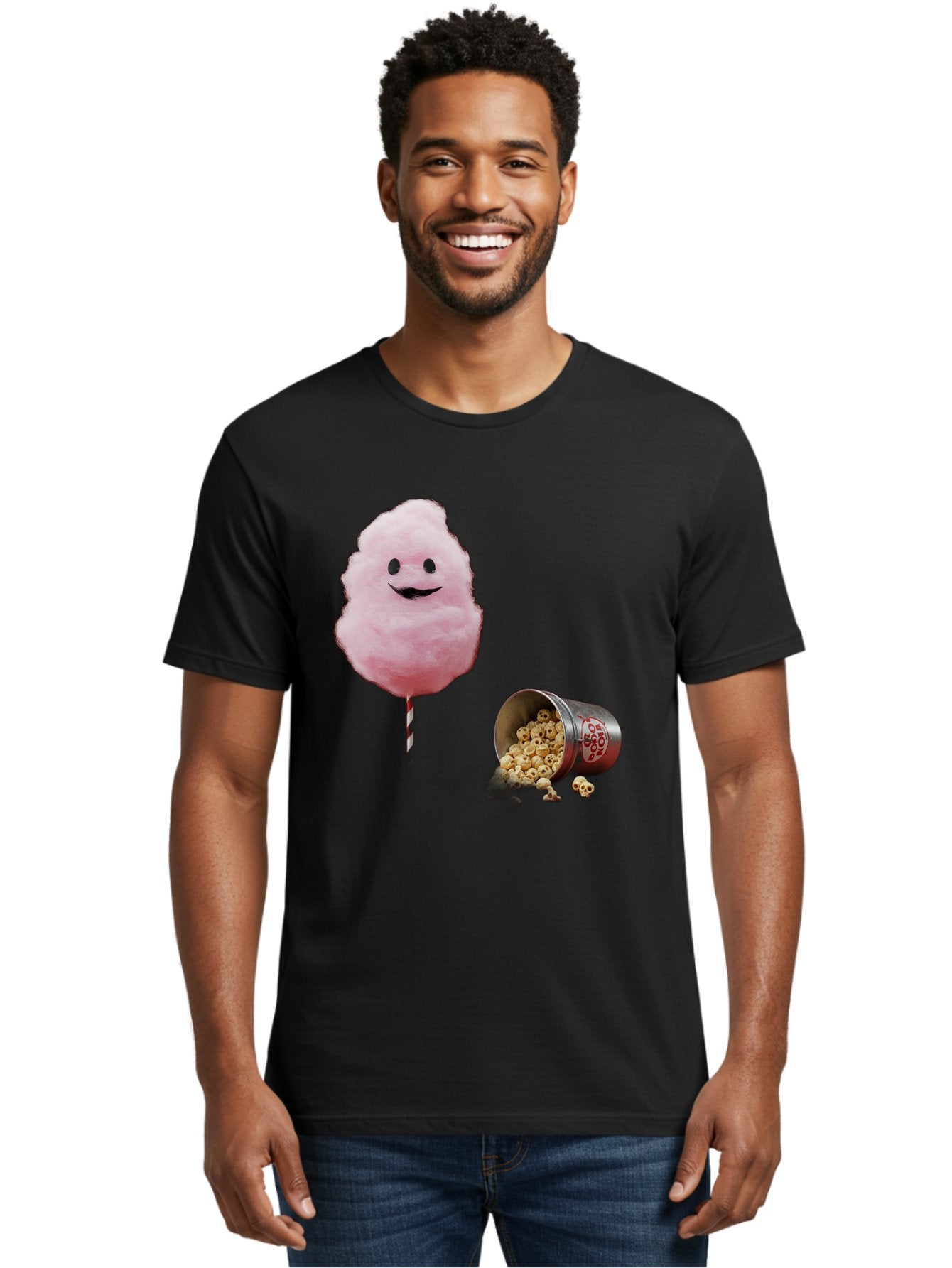 Cotton-Candy-16 Men'S Graphic Tee, 100% Cotton, Comfortable Casual Summer Wear, Machine Washable, Cartoon Cotton Candy With A Smiling Mouth, Cotton Candy On A Stick, Fun Food, Cartoon Snack, Popcorn Treat, Colorful Graphics, Playful Imagery, Bac909 27
