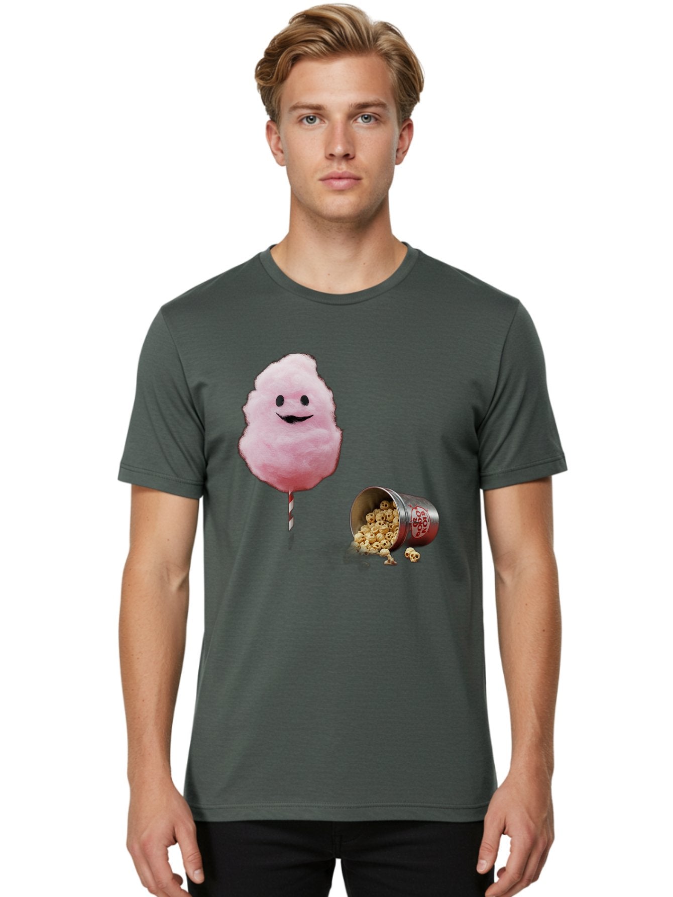Cotton-Candy-16 Men'S Graphic Tee, 100% Cotton, Comfortable Casual Summer Wear, Machine Washable, Cartoon Cotton Candy With A Smiling Mouth, Cotton Candy On A Stick, Fun Food, Cartoon Snack, Popcorn Treat, Colorful Graphics, Playful Imagery, Bac909 22