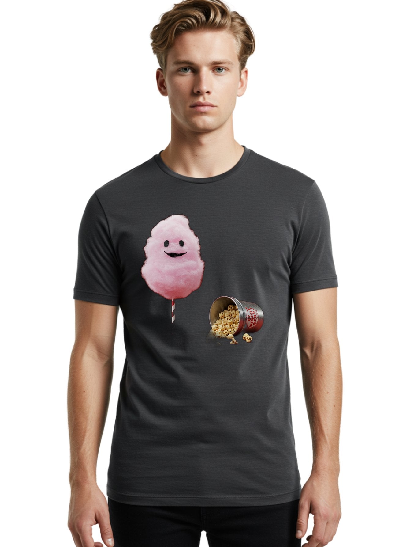 Cotton-Candy-16 Men'S Graphic Tee, 100% Cotton, Comfortable Casual Summer Wear, Machine Washable, Cartoon Cotton Candy With A Smiling Mouth, Cotton Candy On A Stick, Fun Food, Cartoon Snack, Popcorn Treat, Colorful Graphics, Playful Imagery, Bac909 20