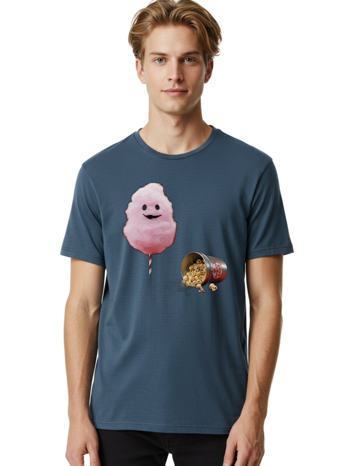 Cotton-Candy-16 Men'S Graphic Tee, 100% Cotton, Comfortable Casual Summer Wear, Machine Washable, Cartoon Cotton Candy With A Smiling Mouth, Cotton Candy On A Stick, Fun Food, Cartoon Snack, Popcorn Treat, Colorful Graphics, Playful Imagery, Bac909 29