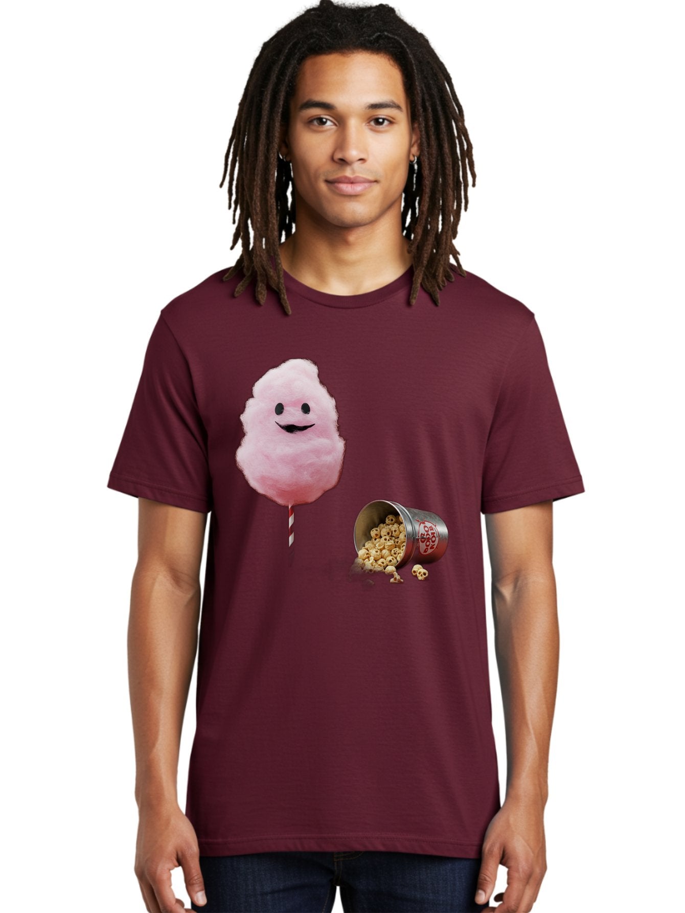 Cotton-Candy-16 Men'S Graphic Tee, 100% Cotton, Comfortable Casual Summer Wear, Machine Washable, Cartoon Cotton Candy With A Smiling Mouth, Cotton Candy On A Stick, Fun Food, Cartoon Snack, Popcorn Treat, Colorful Graphics, Playful Imagery, Bac909 23