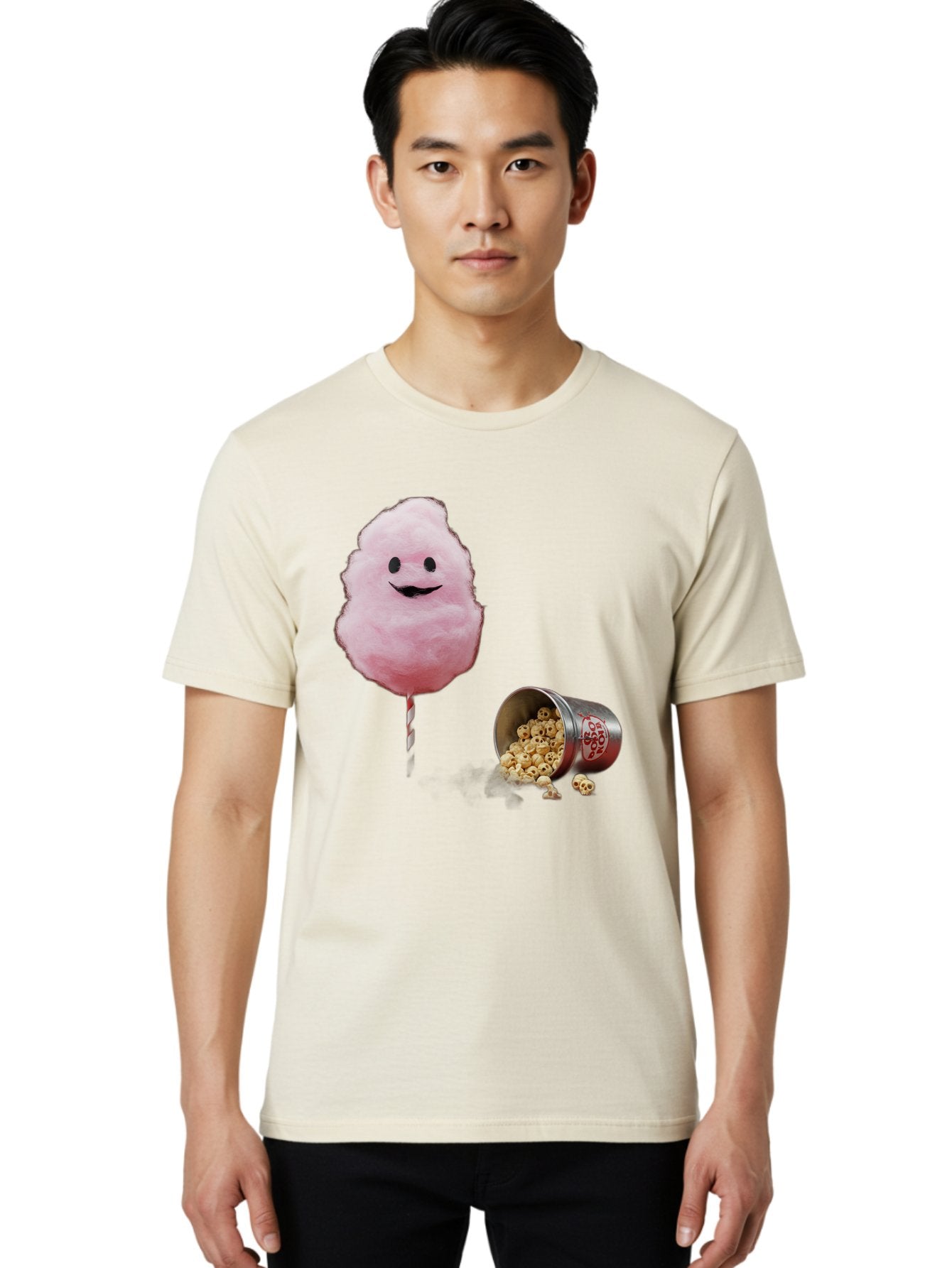 Cotton-Candy-16 Men'S Graphic Tee, 100% Cotton, Comfortable Casual Summer Wear, Machine Washable, Cartoon Cotton Candy With A Smiling Mouth, Cotton Candy On A Stick, Fun Food, Cartoon Snack, Popcorn Treat, Colorful Graphics, Playful Imagery, Bac909 16