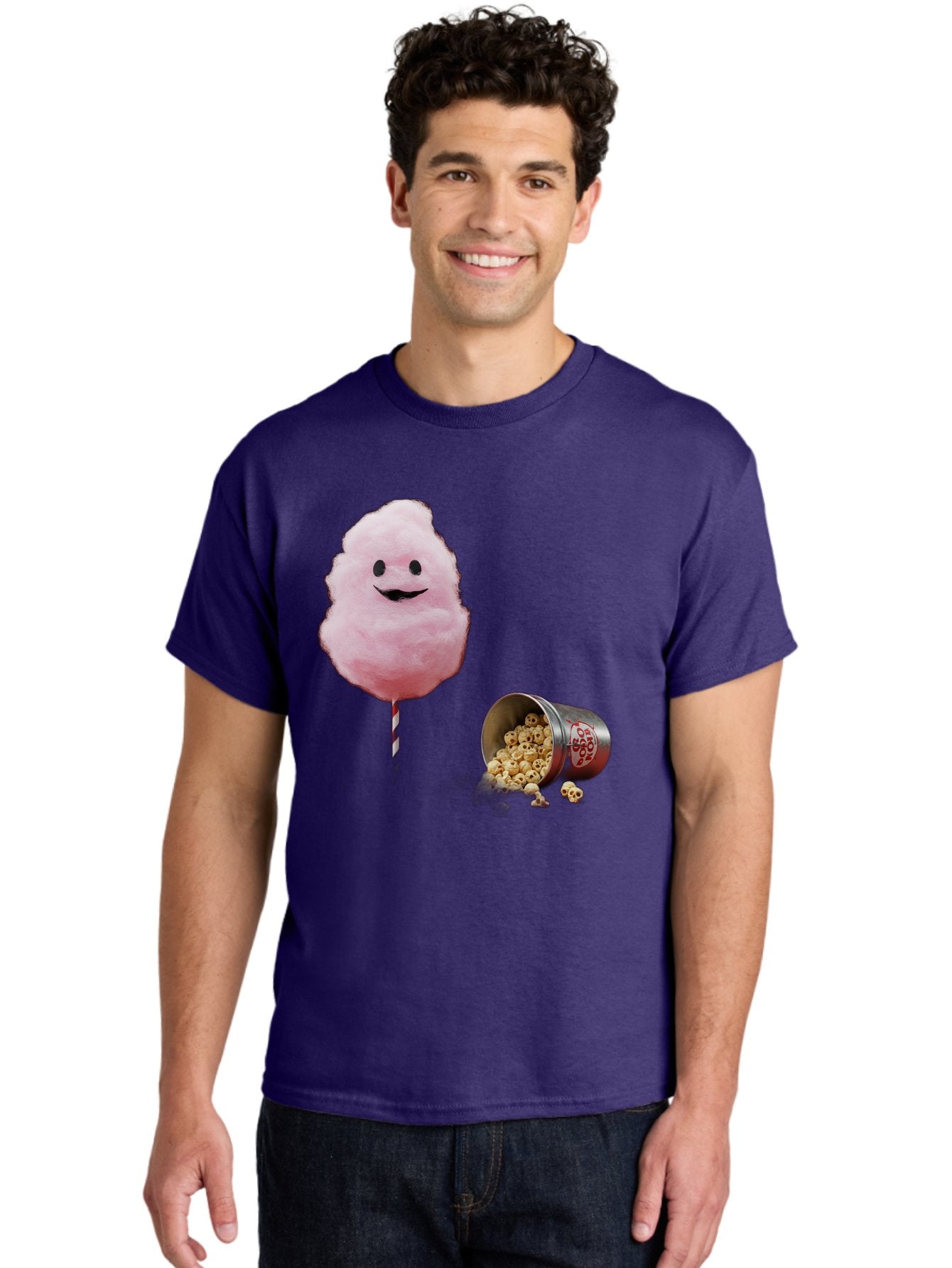 Cotton-Candy-16 Men'S Graphic Tee, 100% Cotton, Comfortable Casual Summer Wear, Machine Washable, Cartoon Cotton Candy With A Smiling Mouth, Cotton Candy On A Stick, Fun Food, Cartoon Snack, Popcorn Treat, Colorful Graphics, Playful Imagery, Bac909 17