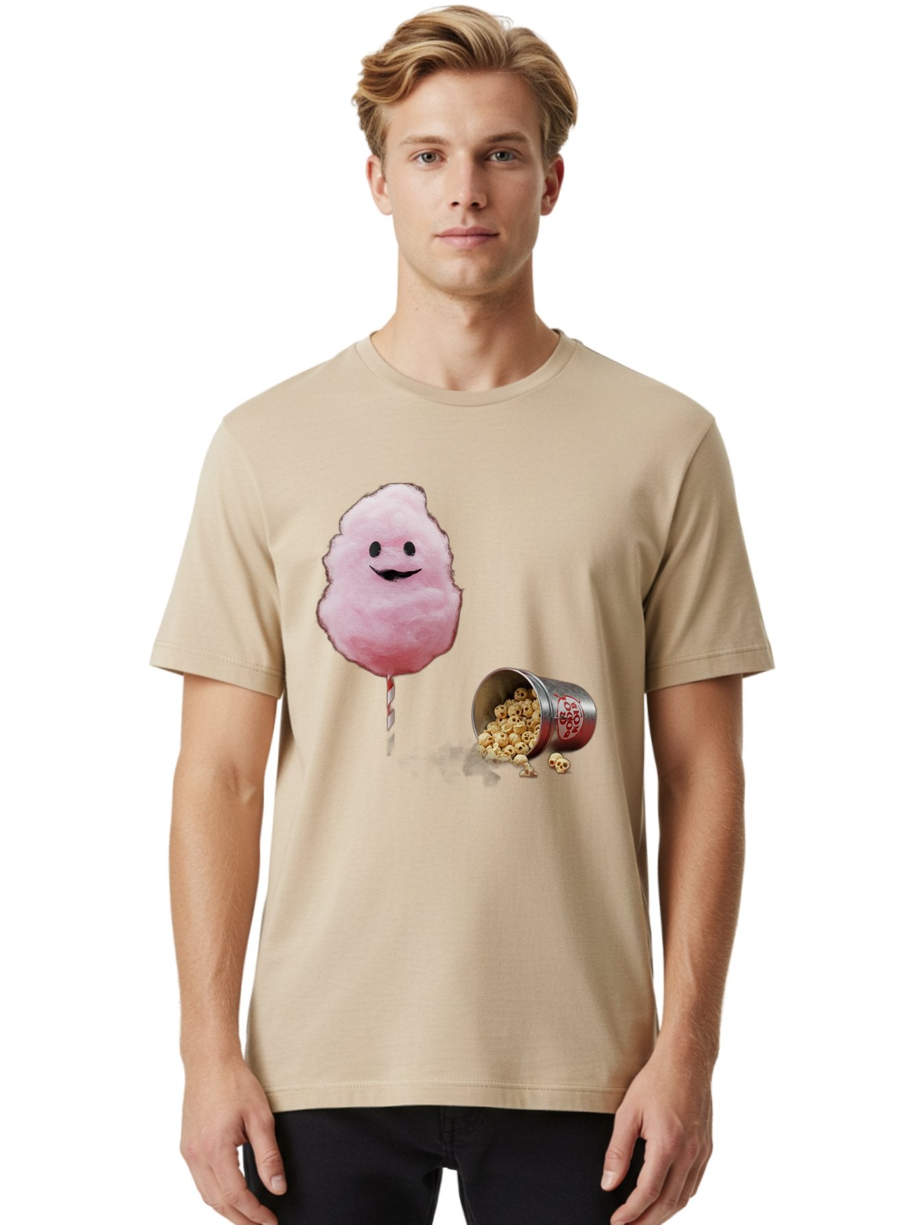 Cotton-Candy-16 Men'S Graphic Tee, 100% Cotton, Comfortable Casual Summer Wear, Machine Washable, Cartoon Cotton Candy With A Smiling Mouth, Cotton Candy On A Stick, Fun Food, Cartoon Snack, Popcorn Treat, Colorful Graphics, Playful Imagery, Bac909 24