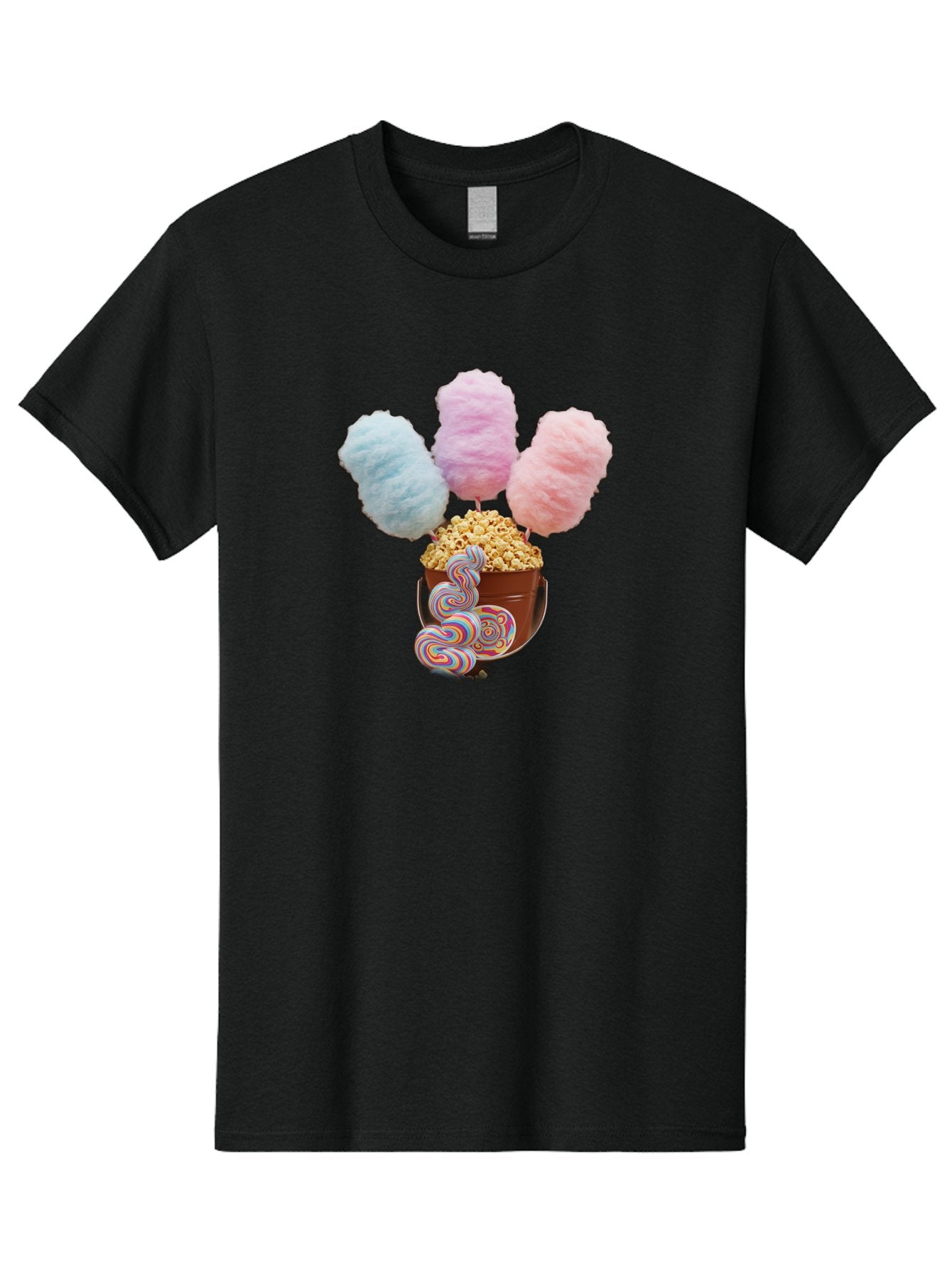 Cotton-Candy-And-Popcorn-1 Men'S Graphic Tee, 100% Cotton, Comfortable Casual Summer Wear, Machine Washable, Colorful Sweets, Sweet Treats, Cotton Candy, Popcorn, Rainbow Lollipops, Swirly Lollipops, Caramel Popcorn, Multi-Colored Candy, Bac918 12