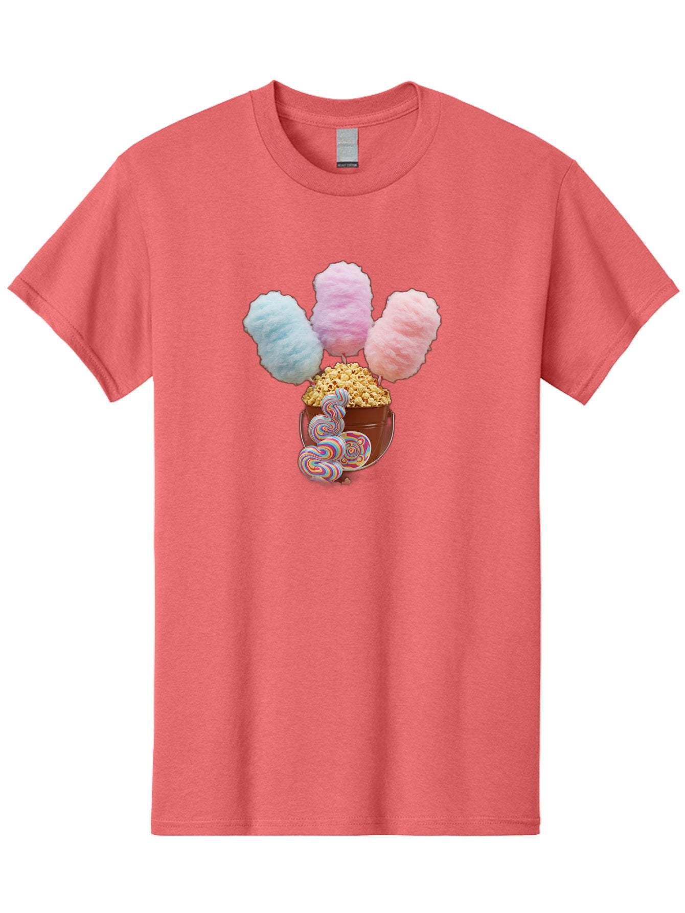 Cotton-Candy-And-Popcorn-1 Men'S Graphic Tee, 100% Cotton, Comfortable Casual Summer Wear, Machine Washable, Colorful Sweets, Sweet Treats, Cotton Candy, Popcorn, Rainbow Lollipops, Swirly Lollipops, Caramel Popcorn, Multi-Colored Candy, Bac918 15
