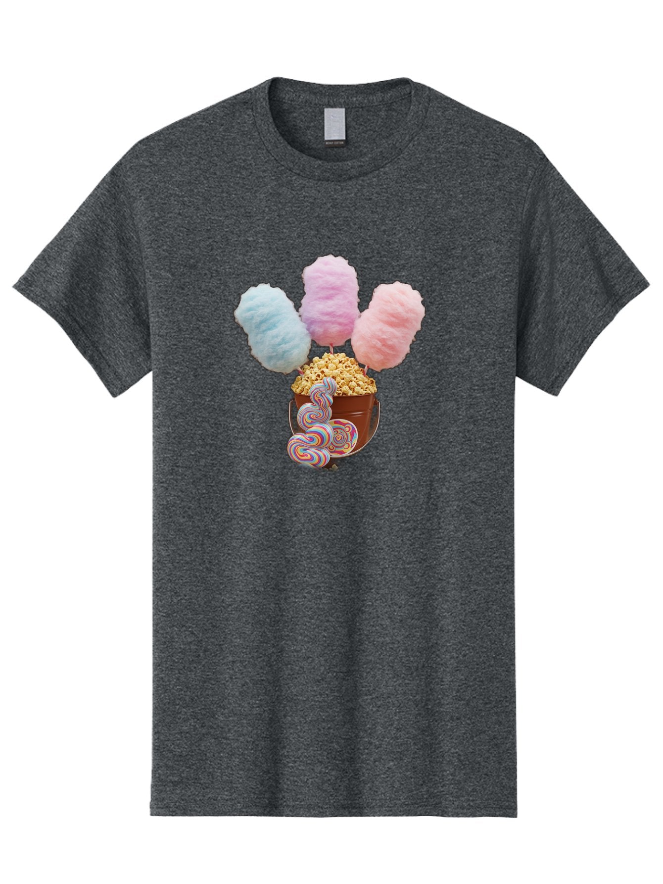 Cotton-Candy-And-Popcorn-1 Men'S Graphic Tee, 100% Cotton, Comfortable Casual Summer Wear, Machine Washable, Colorful Sweets, Sweet Treats, Cotton Candy, Popcorn, Rainbow Lollipops, Swirly Lollipops, Caramel Popcorn, Multi-Colored Candy, Bac918 3