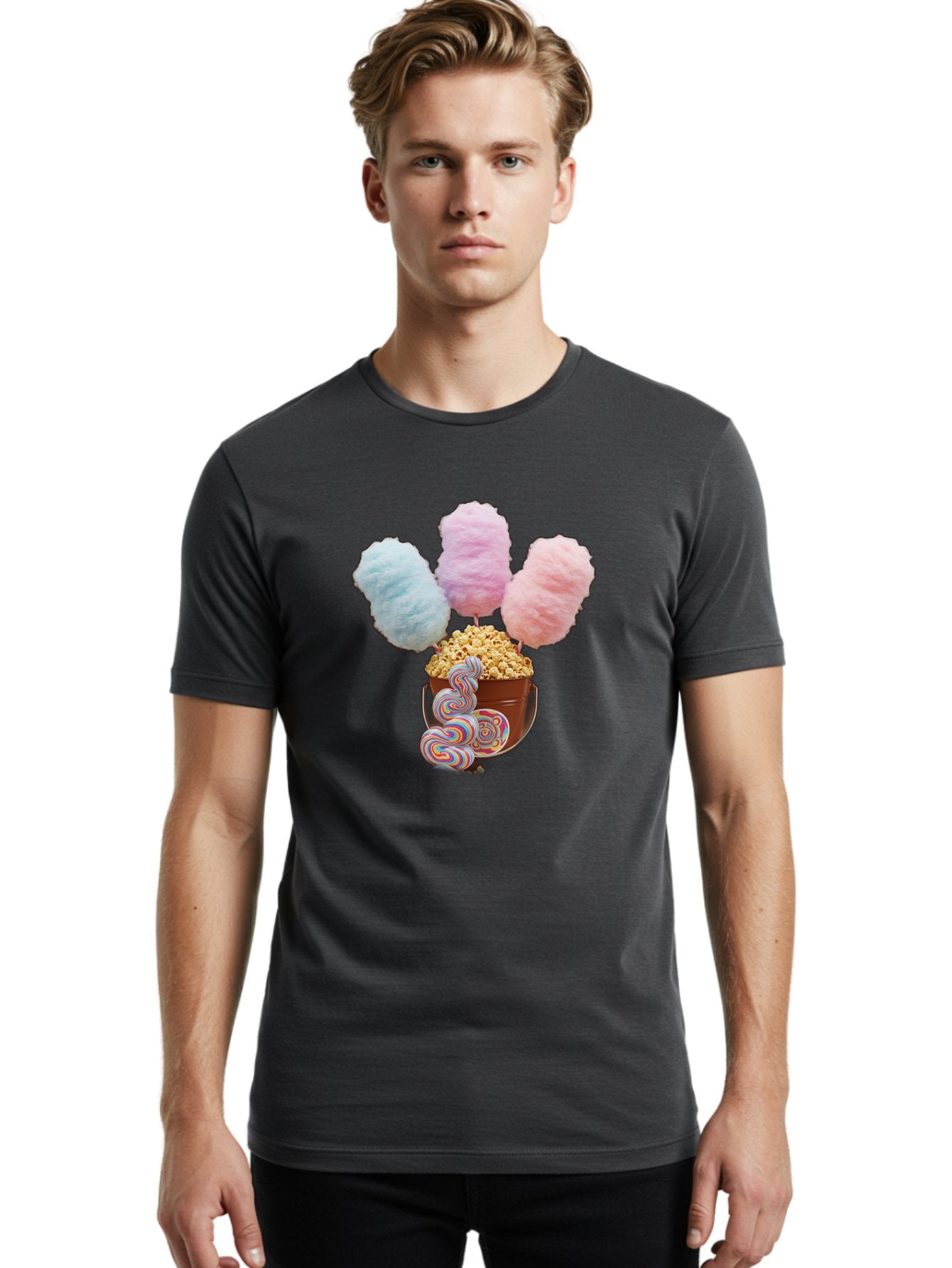 Cotton-Candy-And-Popcorn-1 Men'S Graphic Tee, 100% Cotton, Comfortable Casual Summer Wear, Machine Washable, Colorful Sweets, Sweet Treats, Cotton Candy, Popcorn, Rainbow Lollipops, Swirly Lollipops, Caramel Popcorn, Multi-Colored Candy, Bac918 22