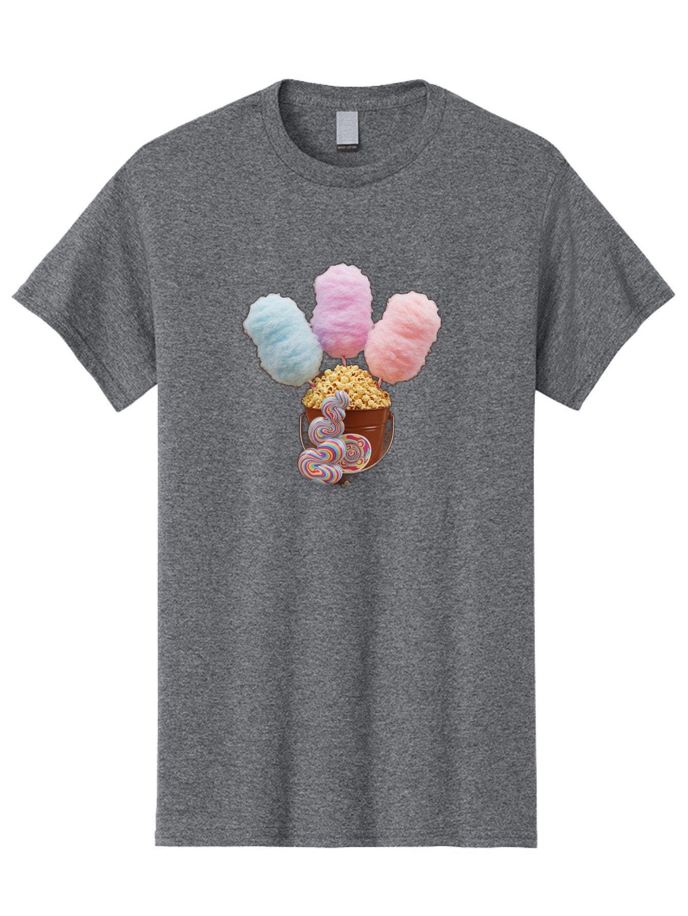 Cotton-Candy-And-Popcorn-1 Men'S Graphic Tee, 100% Cotton, Comfortable Casual Summer Wear, Machine Washable, Colorful Sweets, Sweet Treats, Cotton Candy, Popcorn, Rainbow Lollipops, Swirly Lollipops, Caramel Popcorn, Multi-Colored Candy, Bac918 5