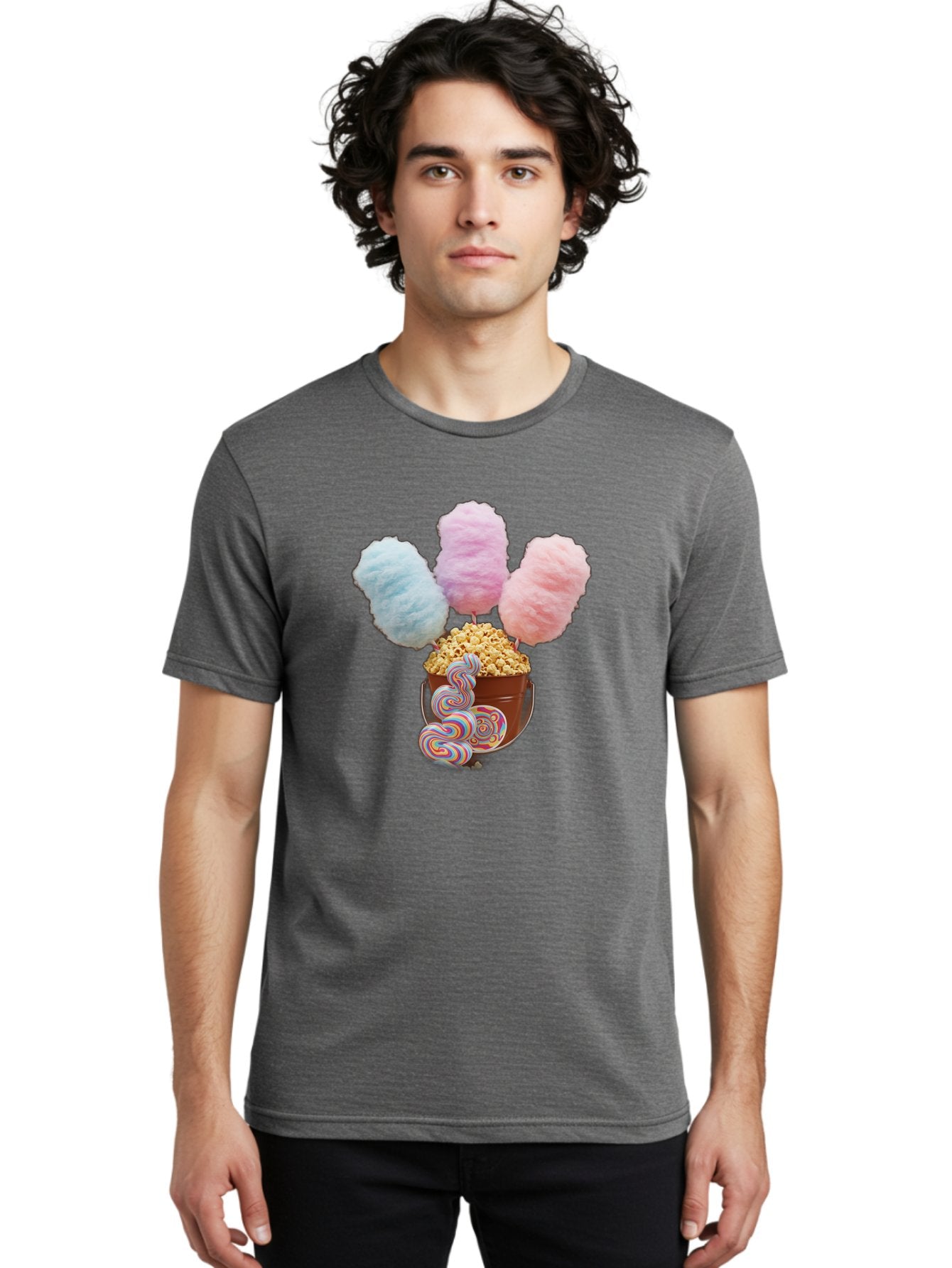 Cotton-Candy-And-Popcorn-1 Men'S Graphic Tee, 100% Cotton, Comfortable Casual Summer Wear, Machine Washable, Colorful Sweets, Sweet Treats, Cotton Candy, Popcorn, Rainbow Lollipops, Swirly Lollipops, Caramel Popcorn, Multi-Colored Candy, Bac918 23