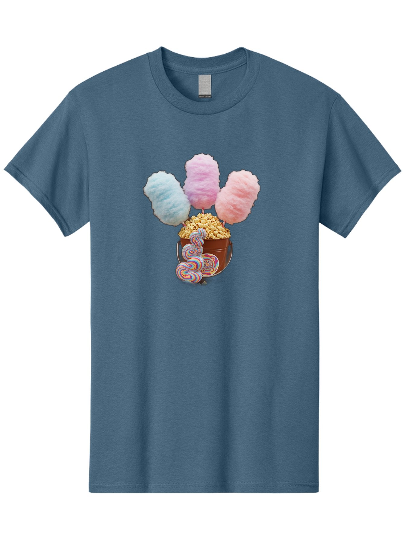 Cotton-Candy-And-Popcorn-1 Men'S Graphic Tee, 100% Cotton, Comfortable Casual Summer Wear, Machine Washable, Colorful Sweets, Sweet Treats, Cotton Candy, Popcorn, Rainbow Lollipops, Swirly Lollipops, Caramel Popcorn, Multi-Colored Candy, Bac918 8