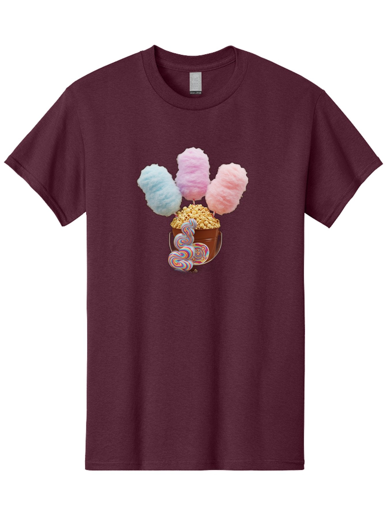 Cotton-Candy-And-Popcorn-1 Men'S Graphic Tee, 100% Cotton, Comfortable Casual Summer Wear, Machine Washable, Colorful Sweets, Sweet Treats, Cotton Candy, Popcorn, Rainbow Lollipops, Swirly Lollipops, Caramel Popcorn, Multi-Colored Candy, Bac918 11