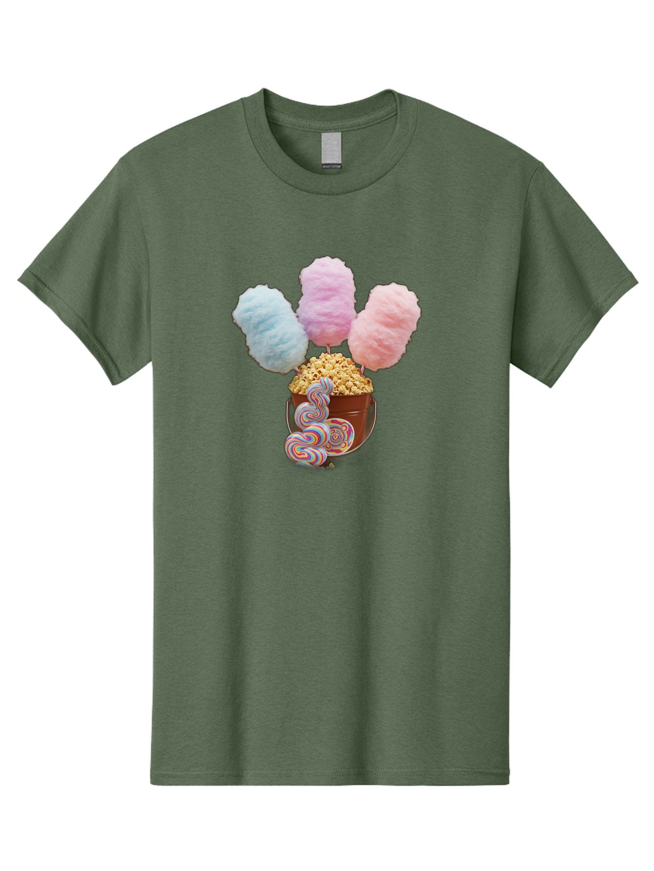 Cotton-Candy-And-Popcorn-1 Men'S Graphic Tee, 100% Cotton, Comfortable Casual Summer Wear, Machine Washable, Colorful Sweets, Sweet Treats, Cotton Candy, Popcorn, Rainbow Lollipops, Swirly Lollipops, Caramel Popcorn, Multi-Colored Candy, Bac918