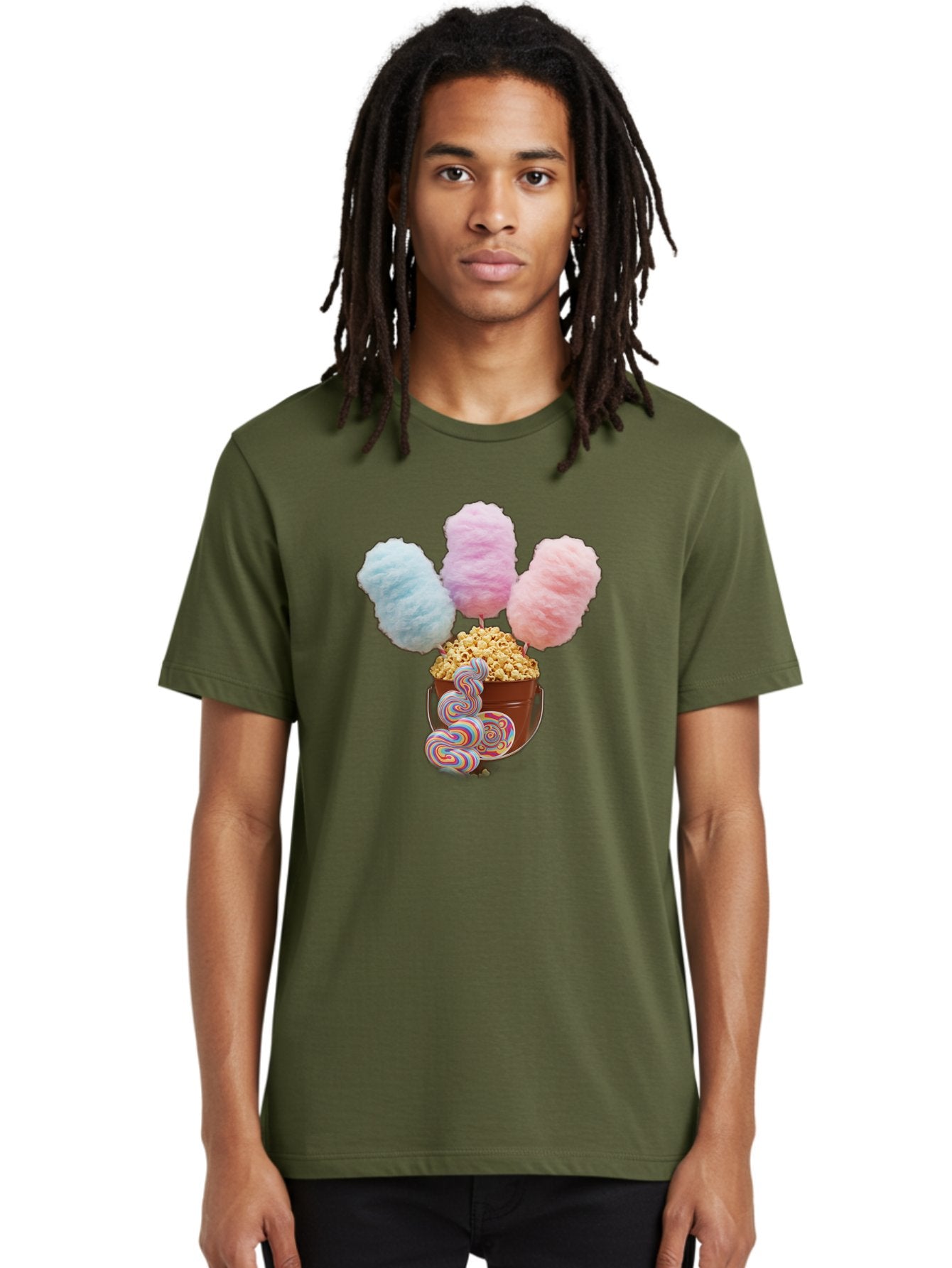 Cotton-Candy-And-Popcorn-1 Men'S Graphic Tee, 100% Cotton, Comfortable Casual Summer Wear, Machine Washable, Colorful Sweets, Sweet Treats, Cotton Candy, Popcorn, Rainbow Lollipops, Swirly Lollipops, Caramel Popcorn, Multi-Colored Candy, Bac918 19
