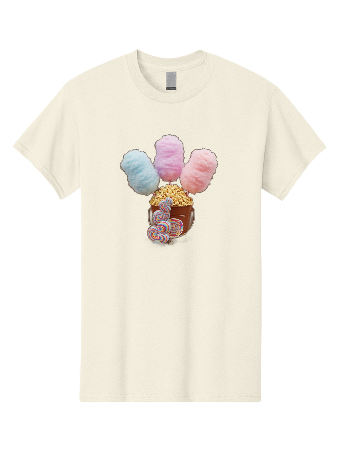 Cotton-Candy-And-Popcorn-1 Men'S Graphic Tee, 100% Cotton, Comfortable Casual Summer Wear, Machine Washable, Colorful Sweets, Sweet Treats, Cotton Candy, Popcorn, Rainbow Lollipops, Swirly Lollipops, Caramel Popcorn, Multi-Colored Candy, Bac918 7